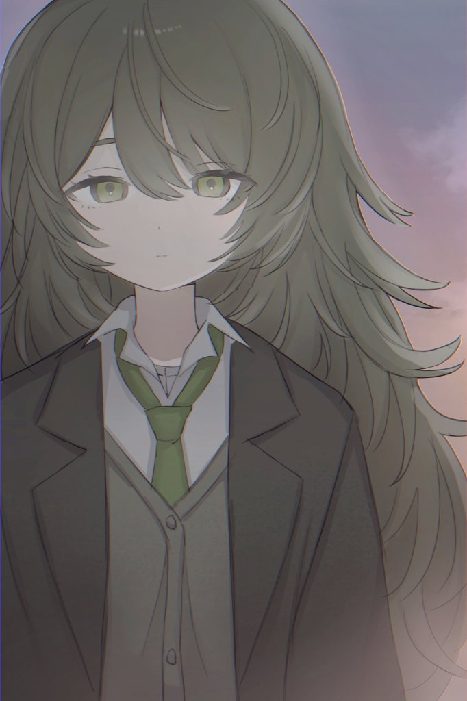 arazan (ara arazan24), jibakurei (vtuber), indie virtual youtuber, hashtag-only commentary, 1girl, blazer, brown cardigan, brown hair, brown jacket, cardigan, closed mouth, collared shirt, expressionless, green eyes, green necktie, jacket, lapels, long hair, looking at viewer, loose necktie, necktie, open clothes, open collar, open jacket, shirt, sky, solo, standing, swept bangs, twilight, white shirt