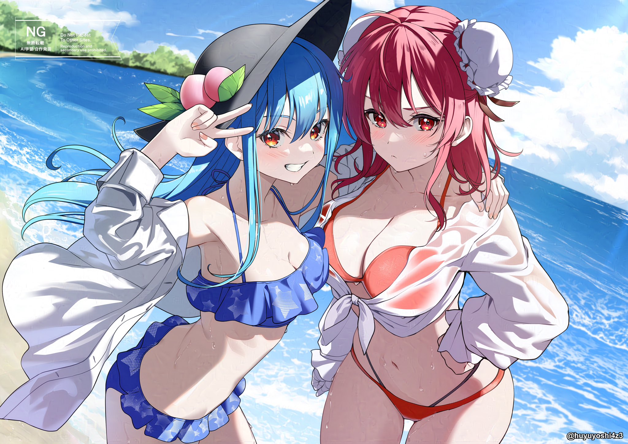 yoshinatsu, hinanawi tenshi, ibaraki kasen, touhou, commentary request, highres, partial commentary, 2girls, arm around shoulder, beach, bikini, black hat, blue hair, blue sky, blurry, blurry background, blush, breasts, bun cover, cleavage, closed mouth, cloud, cloudy sky, day, depth of field, double bun, frilled bikini, frills, front-tie top, frown, grin, hair bun, hand on own hip, hat, horizon, long hair, long sleeves, looking at viewer, medium breasts, medium hair, multi-strapped bikini bottom, multiple girls, ocean, open clothes, open shirt, outdoors, peach hat ornament, pink hair, red bikini, red eyes, shirt, sky, small breasts, smile, standing, swimsuit, twitter username, v, v over eye, wet, white shirt, wind