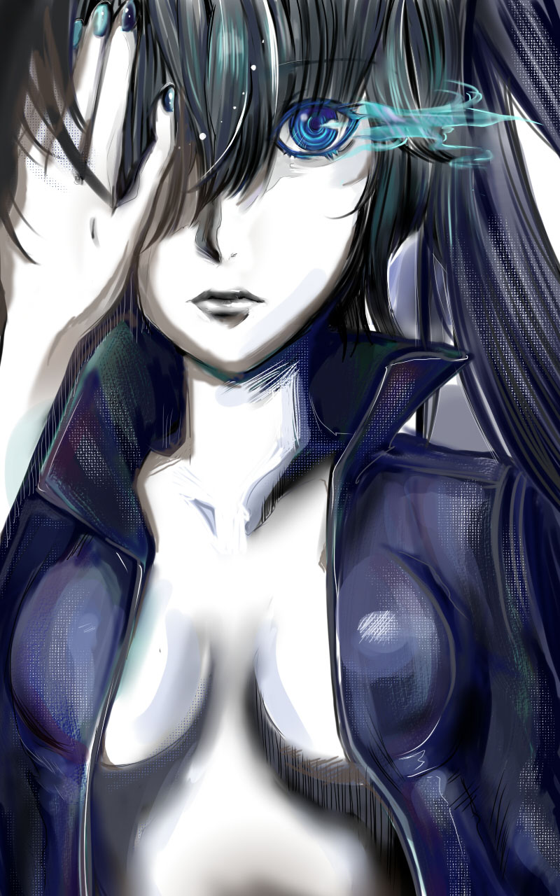 hassan (pixiv111455), hassan (verry70), black rock shooter (character), black rock shooter, bad id, bad pixiv id, highres, 10s, 1girl, black hair, blue eyes, breasts, cleavage, close-up, coat, female focus, glowing, glowing eyes, hair over one eye, jacket, long hair, nail polish, pale skin, solo, staring, twintails