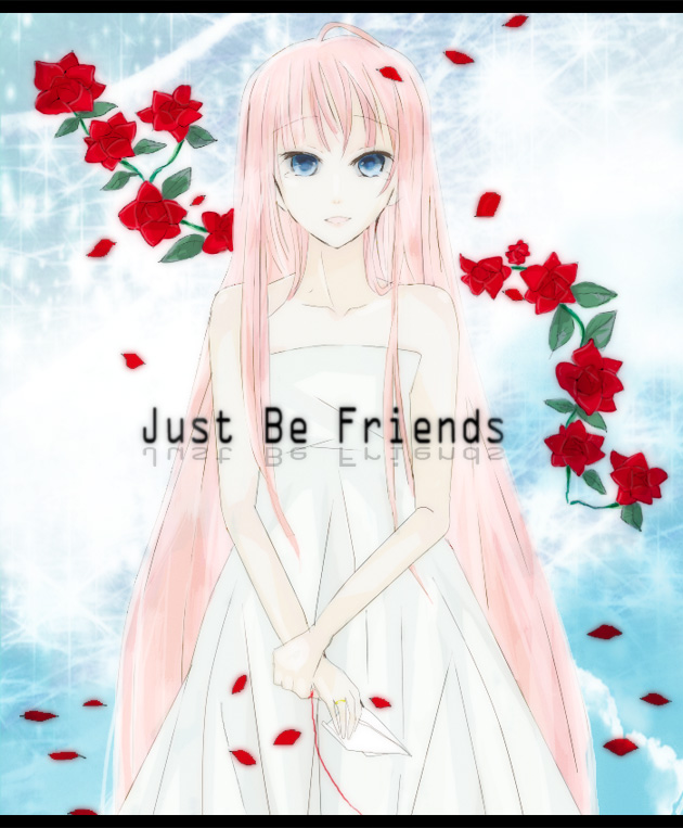 nyaki, megurine luka, just be friends (vocaloid), vocaloid, bad id, bad pixiv id, 1girl, blue eyes, dress, female focus, flower, holding, holding paper airplane, long hair, paper airplane, petals, pink hair, smile, solo, string, string of fate, tears, very long hair, white dress