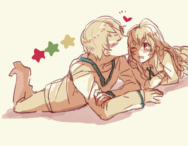 chiko (beroro), aisaka taiga, takasu ryuuji, toradora!, 00s, 1boy, 1girl, blush, boots, couple, crossed arms, feet up, full body, heart, hetero, kiss, knee boots, long sleeves, lying, on stomach, short hair, star (symbol)