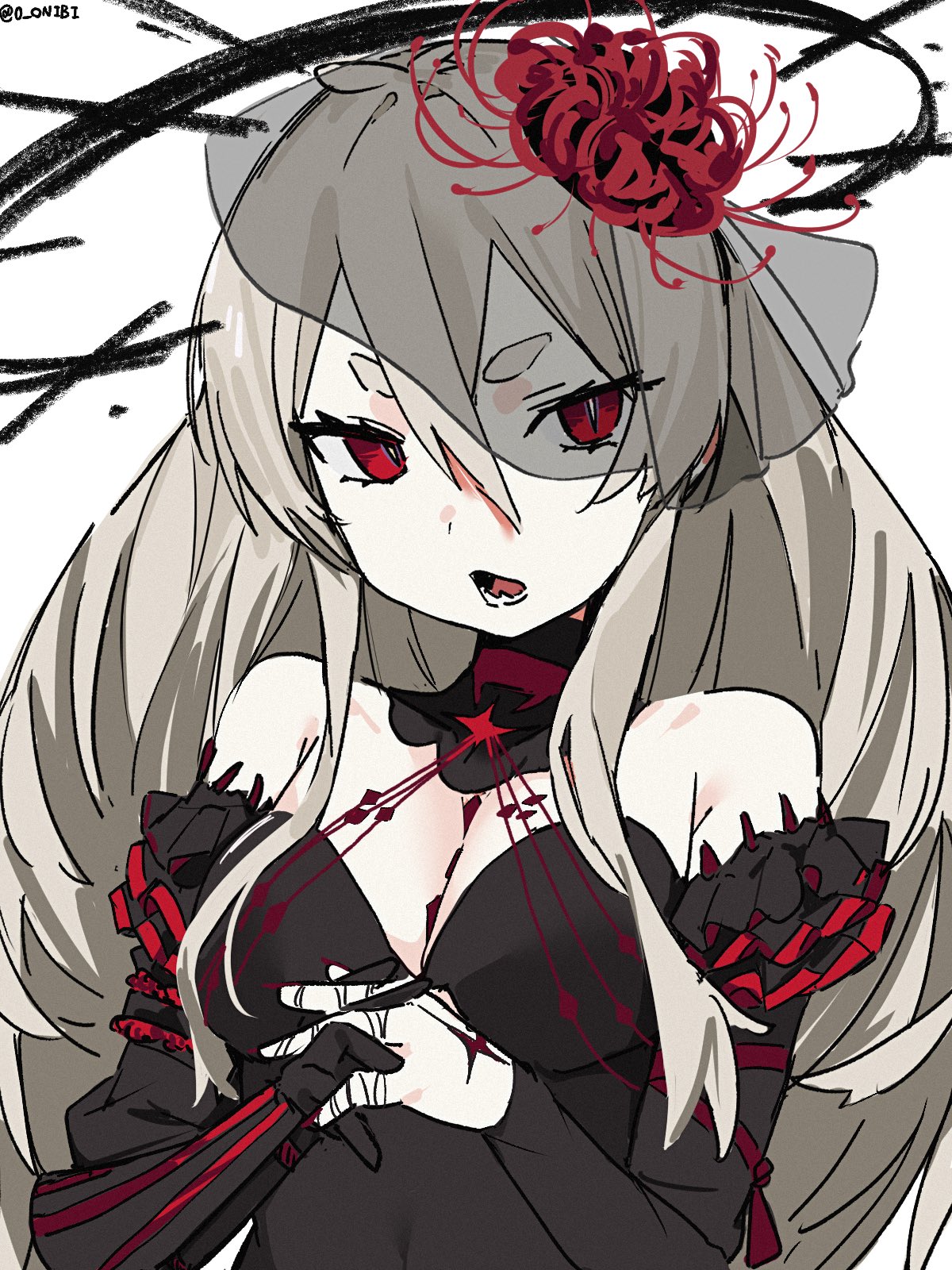0 onibi, gekiyaku, utau, commentary request, highres, 1girl, bandaged fingers, bandages, bare shoulders, black dress, breasts, cleavage, detached collar, dress, elbow gloves, flower, gloves, grey hair, hair between eyes, hair flower, hair ornament, halo, interlocked fingers, long hair, looking at viewer, open mouth, own hands together, red eyes, slit pupils, small breasts, solo, spider lily, thick eyebrows, upper body, veil, white background