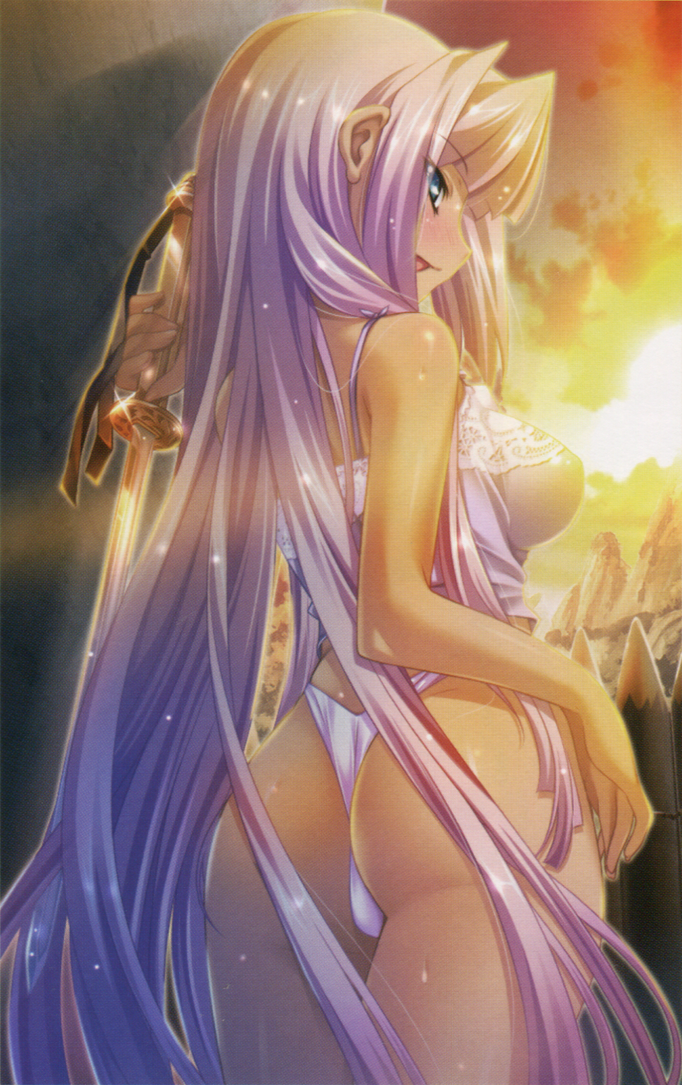 hikage eiji, sonken (koihime musou), koihime musou, highres, 00s, 1girl, ass, blue eyes, blush, breasts, camisole, female focus, from behind, large breasts, lingerie, long hair, looking back, panties, purple hair, purple panties, sky, solo, sunset, sword, thong, underwear, very long hair, weapon