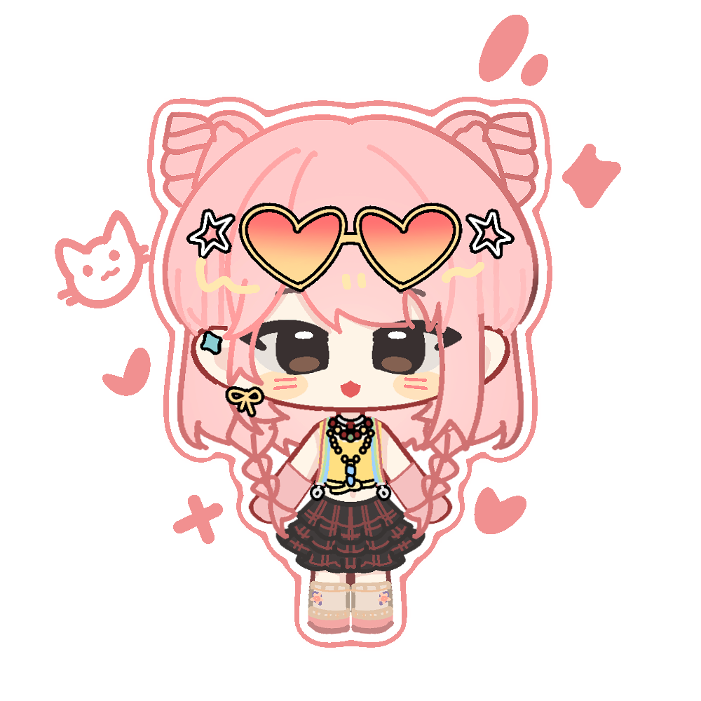 nikki (nikki), infinity nikki, nikki (series), chinese commentary, commentary request, 1girl, baihuhu61553, bare shoulders, bead necklace, beads, black skirt, blush stickers, braid, braided bun, brown eyes, cat, chibi, cone hair bun, double bun, ear piercing, earrings, eyes visible through hair, eyewear on head, floral print, frilled skirt, frills, gloves, grey socks, hair bun, happy, heart, heart-shaped eyewear, jewelry, kneehighs, long hair, medium skirt, midriff, necklace, open mouth, orange-tinted eyewear, outline, pendant, piercing, pink arm warmers, pink gloves, pink hair, pink shoes, plaid clothes, plaid skirt, print socks, ribbon, ribbon earrings, shirt, shoes, side braids, simple background, single earring, skirt, sleeveless, sleeveless shirt, smile, socks, solo, sparkle, standing, star (symbol), straight-on, sunglasses, suspender skirt, suspenders, tinted eyewear, twin braids, white background, white outline, yellow-framed eyewear, yellow ribbon, yellow shirt