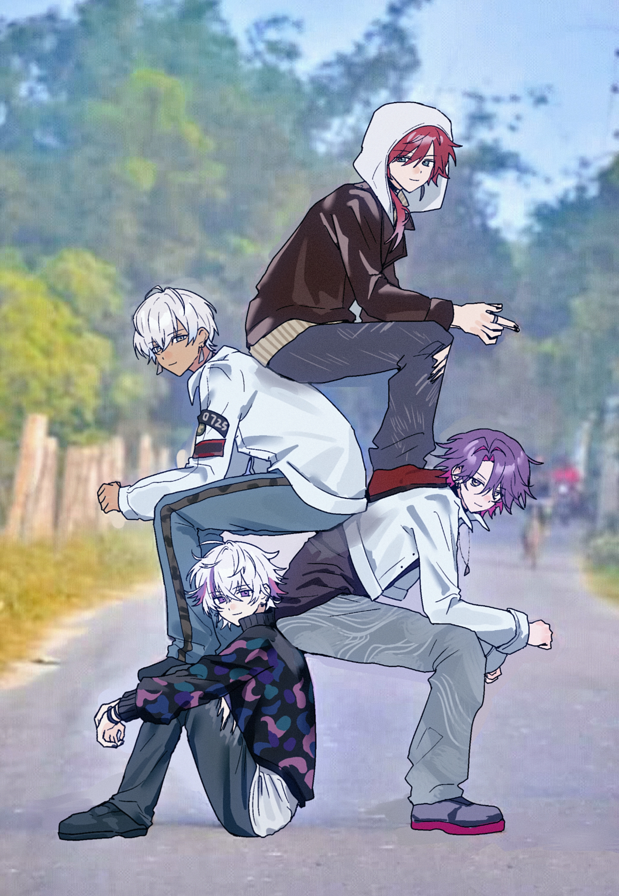 fuwa minato, ibrahim (nijisanji), lauren iroas, watarai hibari, nijisanji, absurdres, commentary, highres, 4boys, alternate costume, black jacket, blurry, blurry background, dark-skinned male, dark skin, earrings, full body, grey pants, hair between eyes, hood, hood up, jacket, jewelry, long hair, long sleeves, looking at viewer, multicolored hair, multiple boys, on ground, pants, ponytail, purple eyes, purple hair, red hair, ring, screenshot background, shirt, short hair, side ponytail, sitting, squatting, streaked hair, torn clothes, torn pants, toya07144, virtual youtuber, white hair, white jacket, white shirt