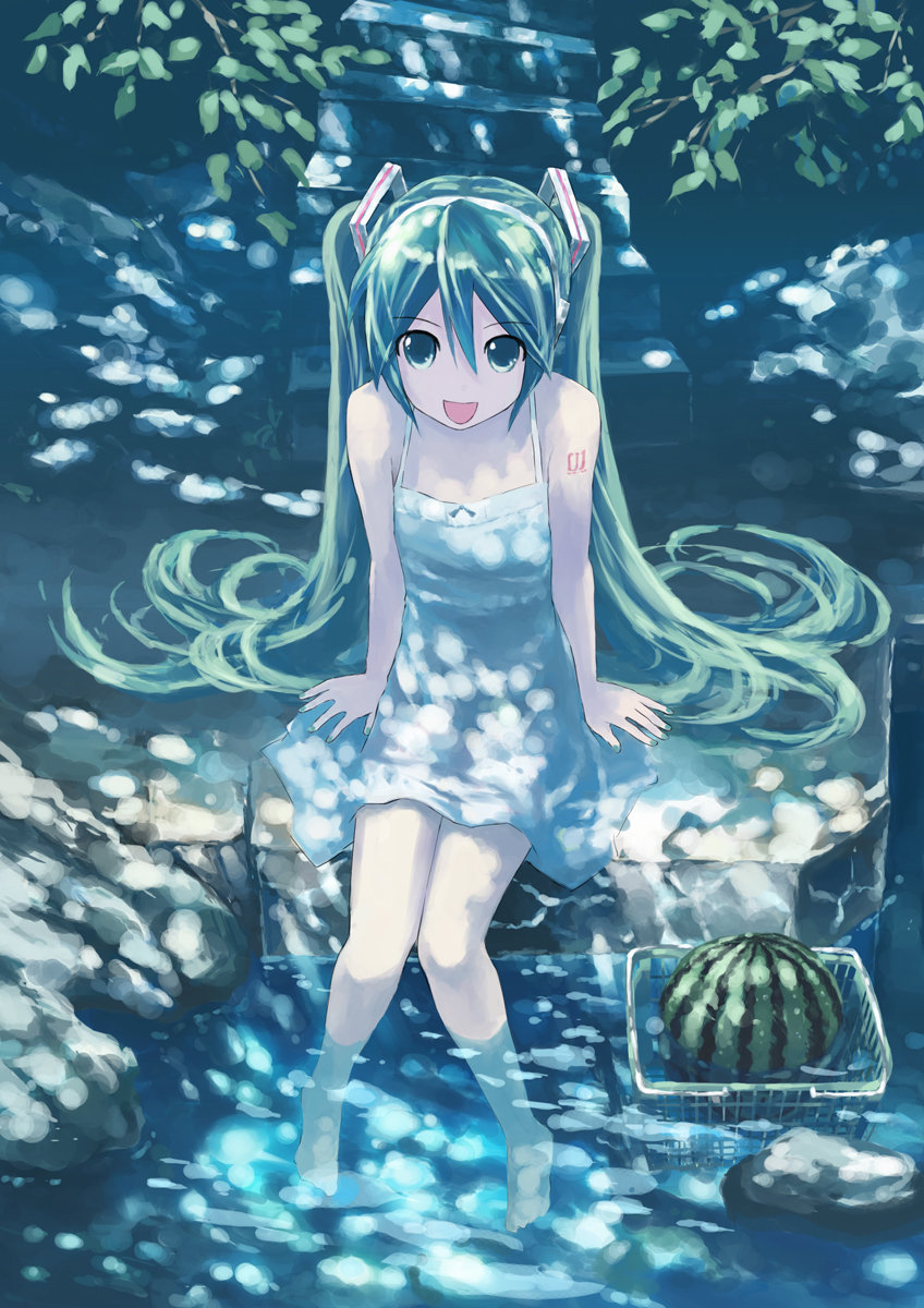 isou nagi, hatsune miku, vocaloid, highres, 1girl, aqua eyes, aqua hair, dress, female focus, food, fruit, green nails, long hair, nail polish, short dress, sitting, skirt, smile, soaking feet, solo, twintails, very long hair, water, watermelon, white dress, white skirt