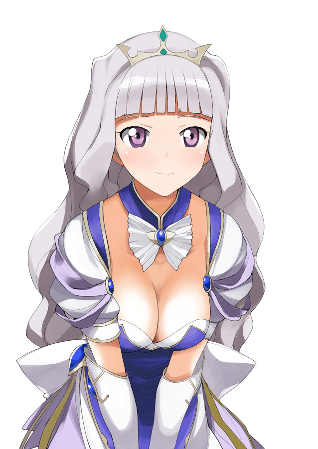 a1 (initial-g), feena fam earthlight, shijou takane, idolmaster, idolmaster (classic), yoake mae yori ruri iro na, 1girl, breasts, cleavage, cosplay, elbow gloves, feena fam earthlight (cosplay), female focus, gloves, large breasts, leaning forward, simple background, solo, white background