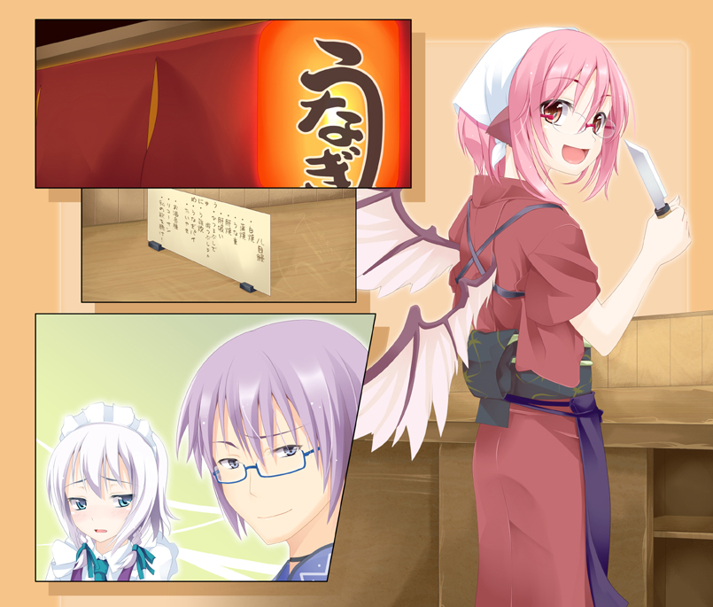 ogami kazuki, izayoi sakuya, morichika rinnosuke, mystia lorelei, okamisty, touhou, silver hair, bad id, bad pixiv id, 1boy, 2girls, animal ears, bespectacled, blue-framed eyewear, blue eyes, braid, food stand, glasses, headscarf, japanese clothes, kitchen knife, knife, multiple girls, pink hair, red-framed eyewear, red eyes, short hair, twin braids, white headscarf, wings