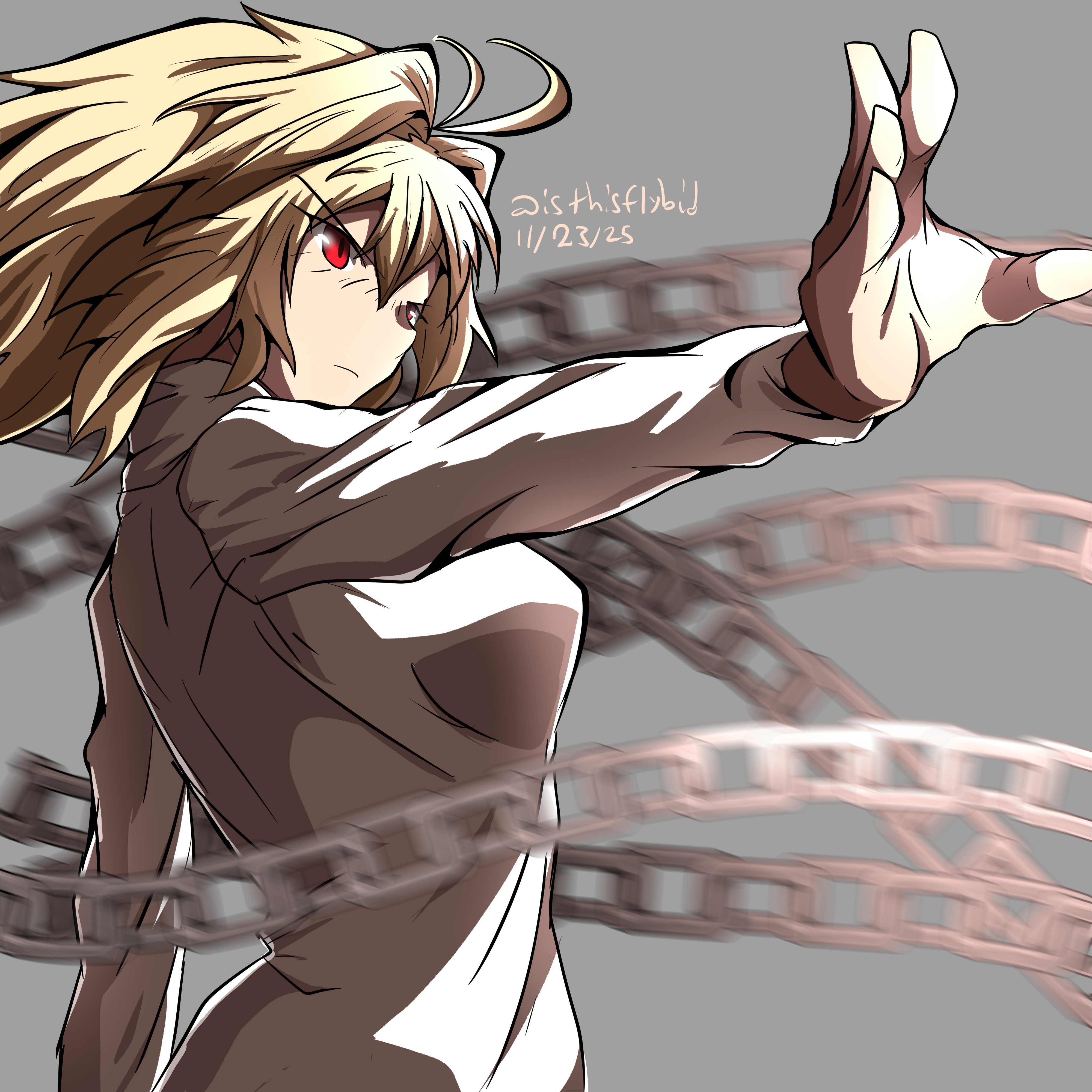 arcueid brunestud, melty blood, tsukihime, absurdres, commentary, english commentary, highres, 1girl, ahoge, angry, attack, blonde hair, chain, floating hair, grey background, hair intakes, isthisflybid, looking to the side, open hand, reaching, reaching towards another, red eyes, short hair, sweater, turtleneck, turtleneck sweater, wavy hair, white sweater