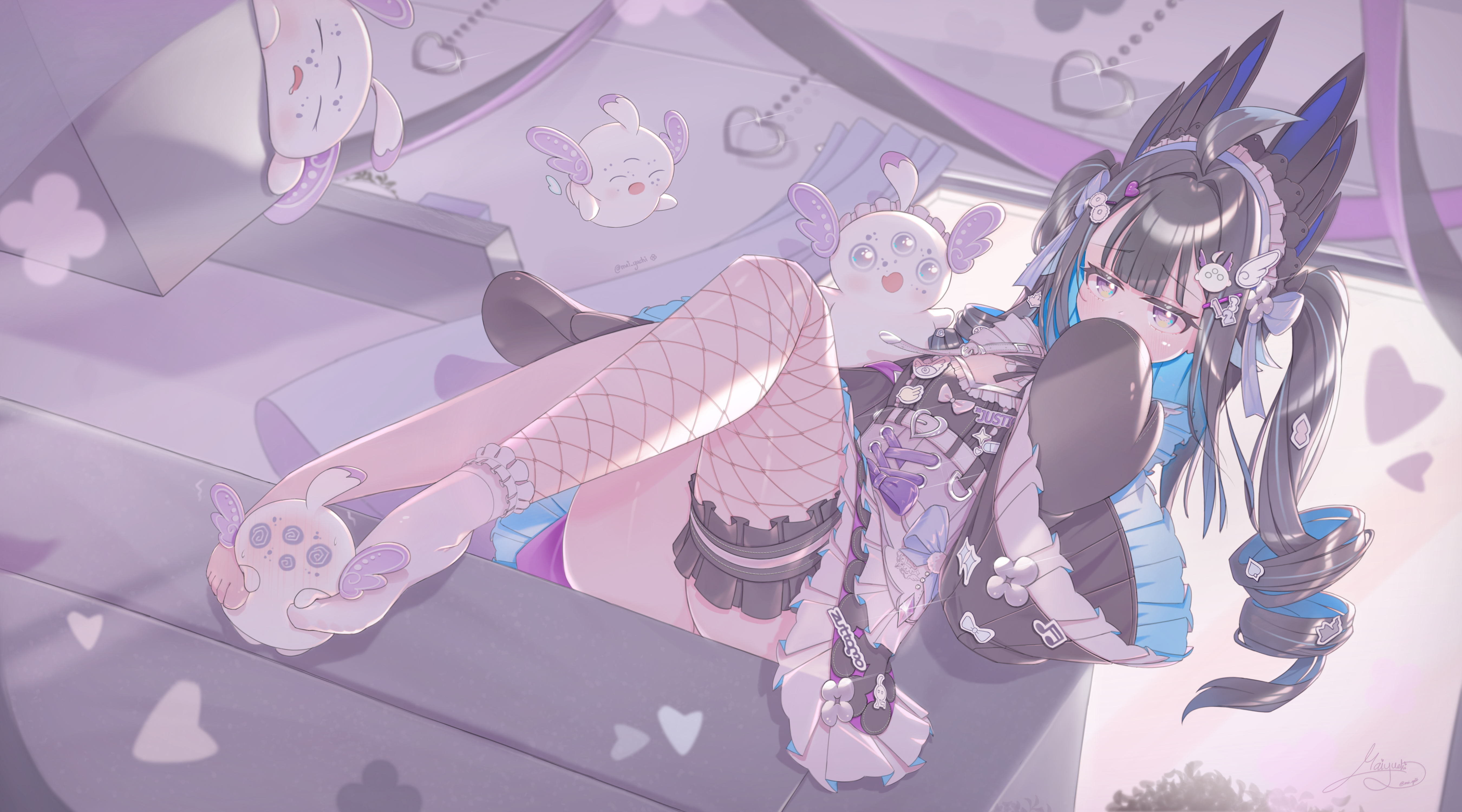 maiyuchi, aloupeep (enna alouette), enna alouette, enna alouette (maid), nijisanji, nijisanji en, absurdres, commentary, english commentary, highres, 1girl, ahoge, artist name, black hair, blue hair, blush, colored inner hair, couch, covering own mouth, decora, fishnet thighhighs, fishnets, frilled garter, full-face blush, hair intakes, hand over own mouth, head wings, heart, holding with feet, long hair, maid, maid headdress, mittens, multicolored hair, on couch, purple eyes, single sock, single thighhigh, sitting, socks, sparkle, streaked hair, thigh strap, thighhighs, thighs, twitter username, two side up, virtual youtuber, wings, wolf cut