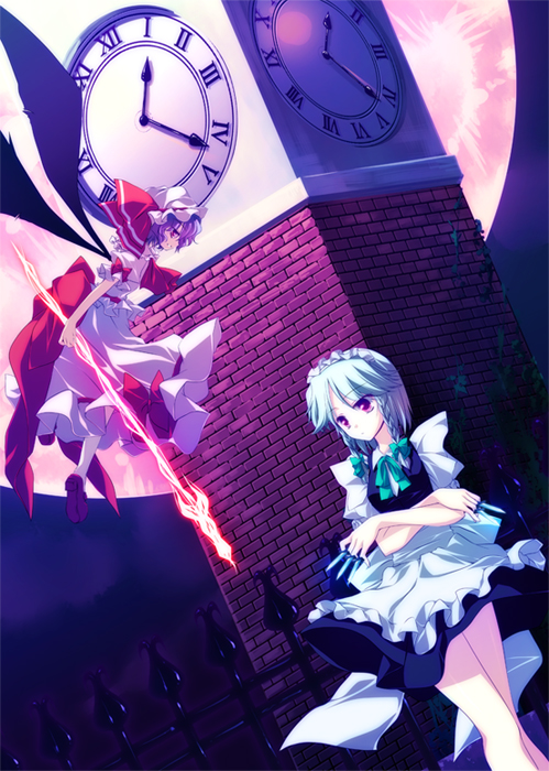 mitsuki (artist), motomiya mitsuki, izayoi sakuya, remilia scarlet, touhou, light purple hair, silver hair, 2girls, apron, bat wings, braid, brick wall, clock, clock tower, dutch angle, female focus, hat, multiple girls, outdoors, red eyes, roman numeral, short hair, spear the gungnir, tower, twin braids, wings
