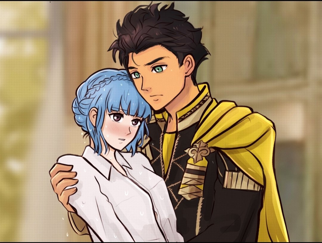hunnymzdraws, claude von riegan, marianne von edmund, fire emblem, fire emblem: three houses, nintendo, blue hair, brown eyes, brown hair, green eyes, holding, wet