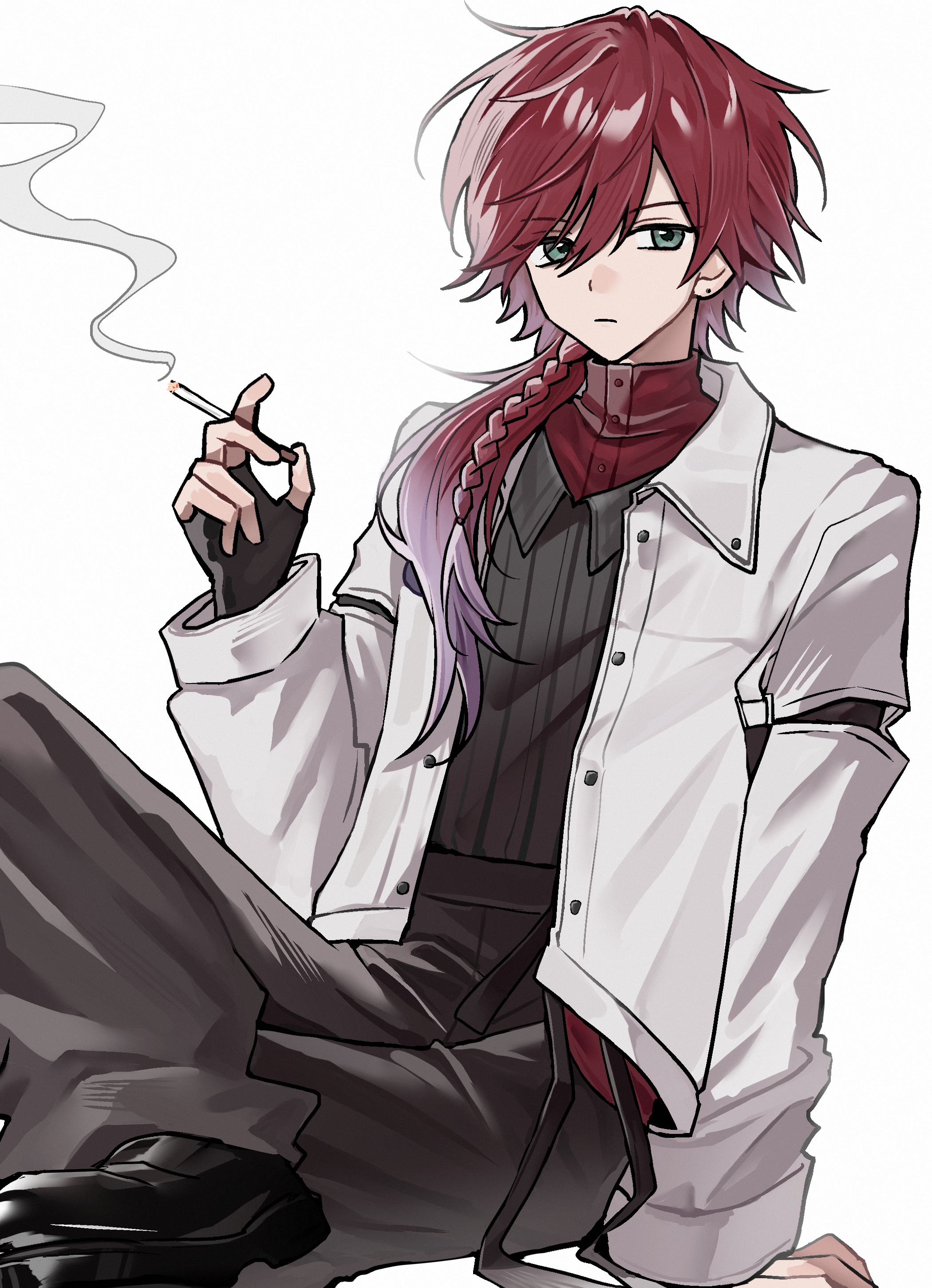 lauren iroas, nijisanji, absurdres, hashtag-only commentary, highres, 1boy, alternate costume, black gloves, black shirt, black shoes, braid, cigarette, closed mouth, clothing cutout, figure four sitting, fingerless gloves, gloves, gradient hair, green eyes, hair between eyes, holding, holding cigarette, jacket, long hair, looking to the side, male focus, multicolored hair, open clothes, open jacket, red hair, shirt, shoes, side ponytail, simple background, single braid, sitting, smoke, smoke trail, smoking, solo, toya07144, virtual youtuber, white background, white jacket