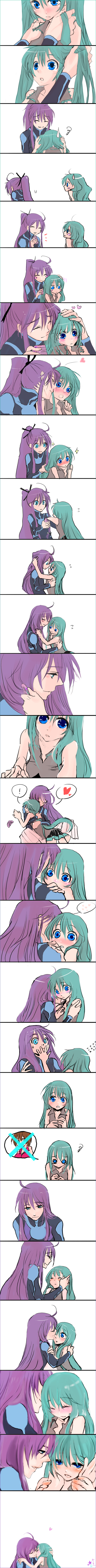 honoka (pandatype), honoka (pixiv130846), hatsune miku, kamui gakupo, meiko (vocaloid), vocaloid, absurdres, bad id, bad pixiv id, highres, long image, tall image, ahoge, aqua eyes, blue eyes, blush, comb, comic, embarrassed, heart, hug, kiss, long hair, purple hair, silent comic, simple background, skirt, smile, sweat, tears