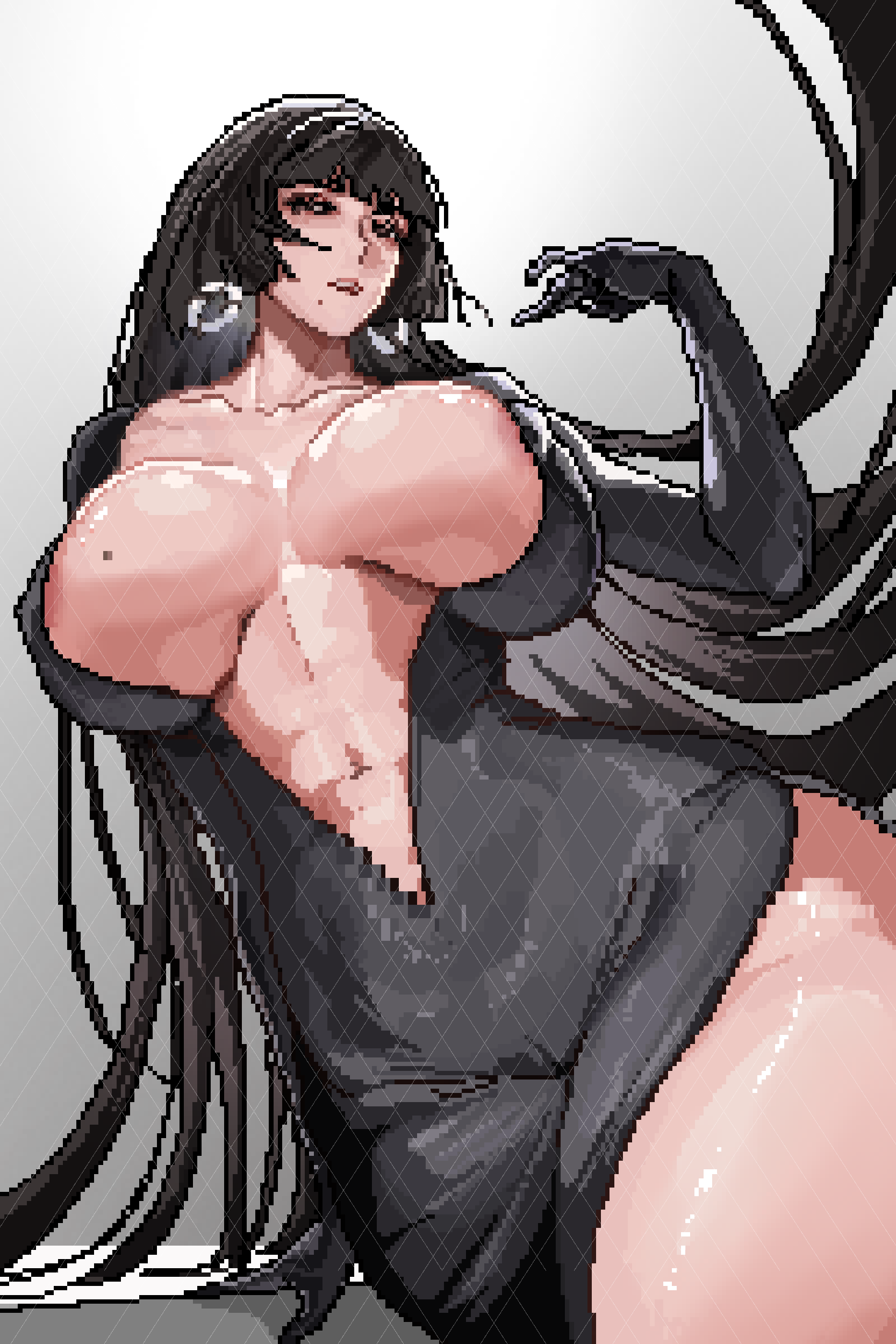 lumc, original, absurdres, commentary, english commentary, highres, 2025, abs, areola slip, arm support, arm up, black bodysuit, black eyes, black hair, blunt bangs, bodysuit, breasts, breasts apart, bursting breasts, collarbone, female focus, floating hair, gradient background, hime cut, huge breasts, index finger raised, long hair, mature female, mole, mole on breast, mole under mouth, open bodysuit, open clothes, parted lips, pixel art, shiny skin, simple background, sitting, solo, straight hair, thick thighs, thighs, unworn earring, very long hair, white background, yokozuwari