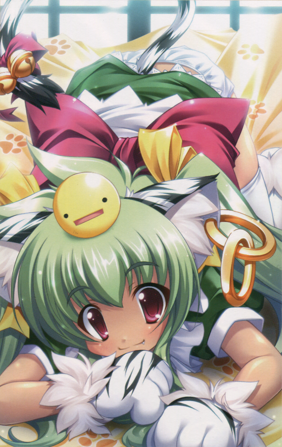 kuwada yuuki, moukaku (koihime musou), koihime musou, highres, 00s, 1girl, all fours, animal ears, animal hands, bell, bow, cat ears, cat paws, cat tail, earrings, fang, female focus, gloves, green hair, jewelry, long hair, panties, paw gloves, red eyes, ribbon, solo, tail, thighhighs, top-down bottom-up, underwear
