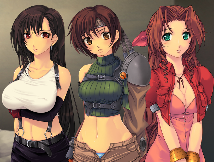 yoko juusuke, aerith gainsborough, tifa lockhart, yuffie kisaragi, final fantasy, final fantasy vii, square enix, breast hold, 1990s (style), 3girls, armor, bare shoulders, belt, belt bra, blush, bow, bracelet, breasts, brown hair, choker, cleavage, crop top, dress, drill hair, earrings, female focus, green eyes, groin, hair ribbon, headband, jacket, jewelry, large breasts, lineup, long hair, midriff, miniskirt, multiple girls, open fly, orange eyes, panties, pencil skirt, pink bow, pink dress, red eyes, retro artstyle, ribbon, shirt, short hair, shorts, skirt, strap, striped clothes, striped panties, suspenders, tank top, taut clothes, taut shirt, turtleneck, underwear, unzipped, v arms, very long hair