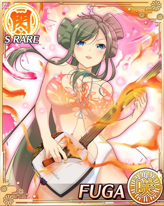 fuga (senran kagura), senran kagura, senran kagura new wave, game cg, official art, aura, blue eyes, border, breast tattoo, breasts, card (medium), character name, cleavage, closed mouth, clothing cutout, datehyogo, english text, fire, flame tattoo, flower tattoo, from below, gluteal fold, green hair, hair ornament, holding, holding instrument, holding plectrum, instrument, jewelry, kanzashi, large breasts, lipstick, long hair, makeup, mole, mole under eye, navel cutout, necklace, official alternate costume, one-piece swimsuit, parted lips, plectrum, pyrokinesis, shamisen, sidelocks, smile, swept bangs, swimsuit, tattoo, white one-piece swimsuit