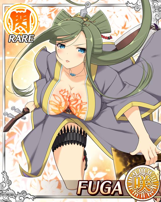 fuga (senran kagura), senran kagura, senran kagura new wave, game cg, official art, bent over, blue eyes, border, breast tattoo, breasts, card (medium), character name, cleavage, datehyogo, english text, flame tattoo, flower tattoo, green hair, grey kimono, hair ornament, holding, holding instrument, holding plectrum, holster, instrument, japanese clothes, jewelry, kanzashi, kimono, knife sheath, large breasts, lipstick, long hair, looking at viewer, makeup, mole, mole under eye, necklace, official alternate costume, parted lips, plectrum, running, shamisen, sheath, sidelocks, swept bangs, tattoo, thigh holster, yellow trim