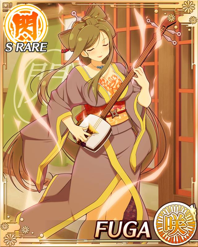 fuga (senran kagura), senran kagura, senran kagura new wave, game cg, official art, aura, border, breast tattoo, breasts, card (medium), character name, cleavage, closed eyes, datehyogo, english text, flame tattoo, flower tattoo, green hair, grey kimono, hair ornament, holding, holding instrument, holding plectrum, instrument, japanese clothes, jewelry, kanzashi, kimono, large breasts, lipstick, long hair, makeup, mole, mole under eye, necklace, official alternate costume, plectrum, shamisen, sidelocks, smile, swept bangs, tattoo, yellow trim
