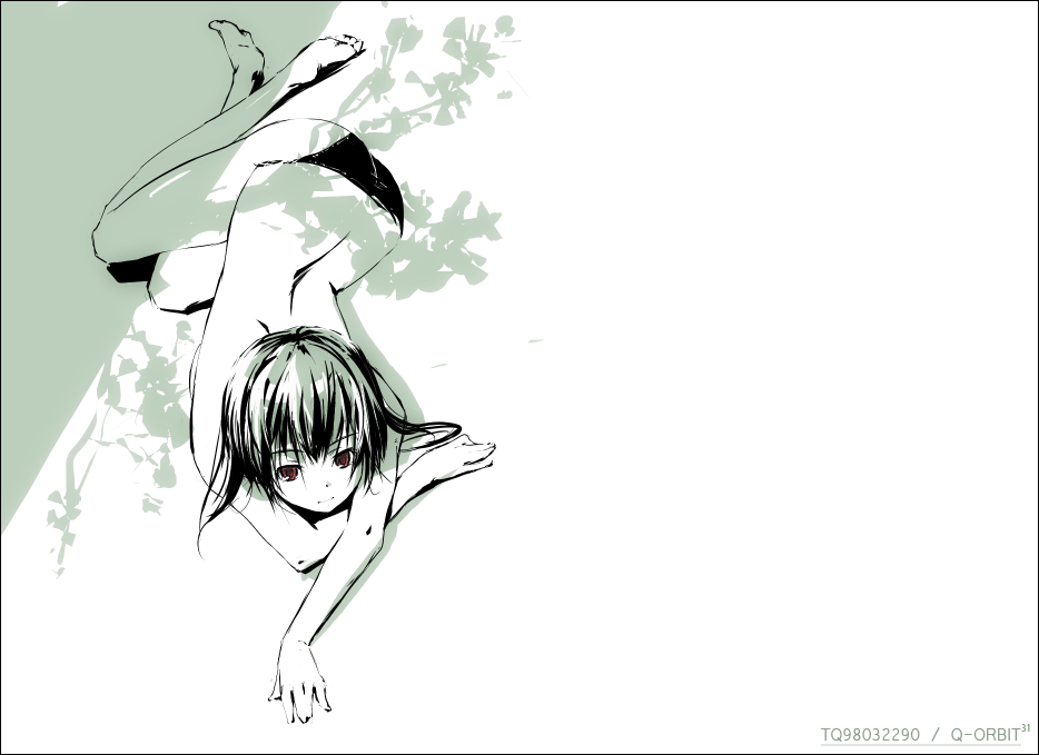 refeia, original, 1girl, barefoot, bikini, brown eyes, female focus, full body, lying, monochrome, on side, smile, solo, swimsuit, topless female, tree shade