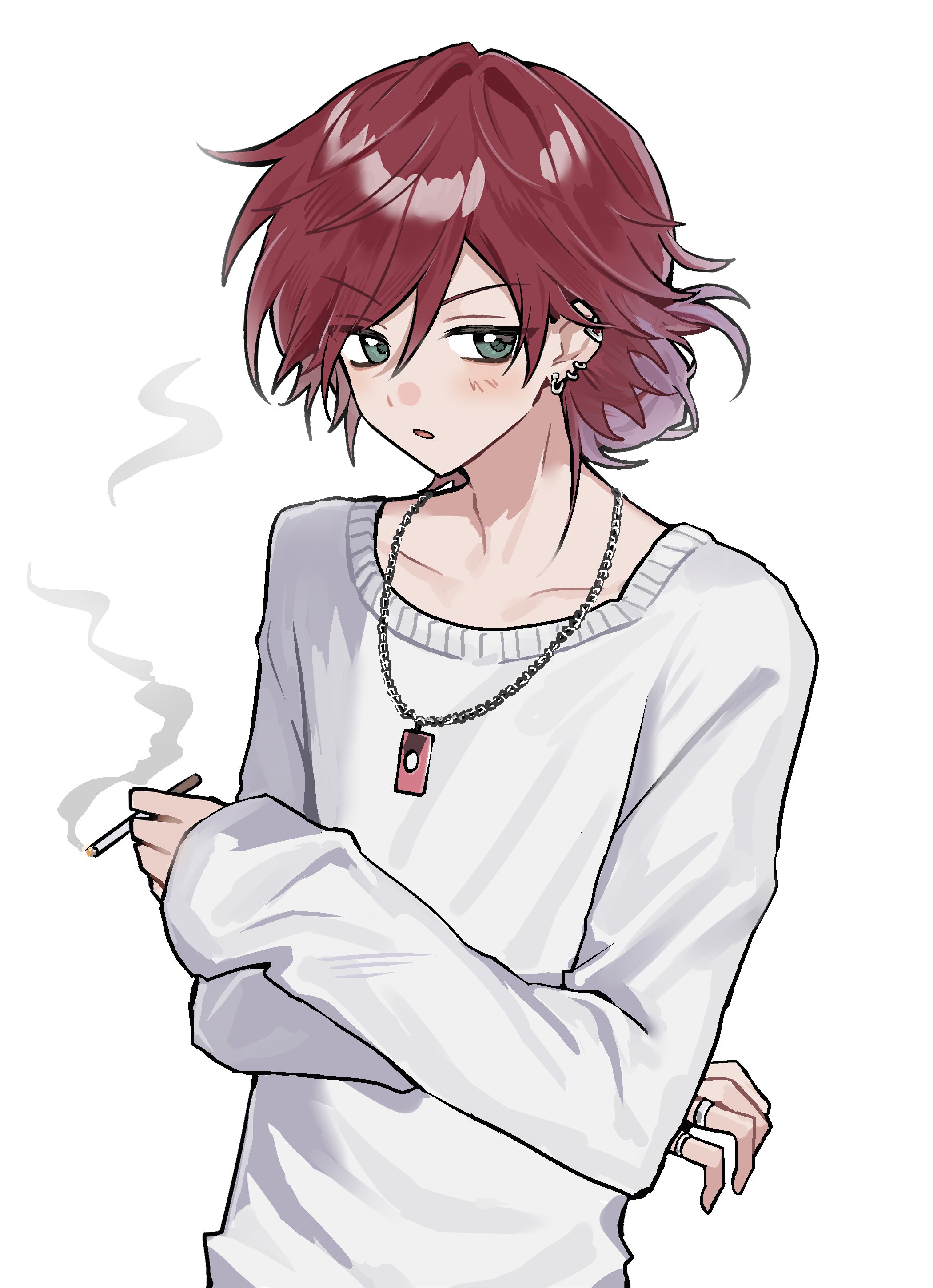 lauren iroas, nijisanji, absurdres, hashtag-only commentary, highres, 1boy, alternate costume, cigarette, crossed arms, ear piercing, green eyes, hair between eyes, hair bun, holding, holding cigarette, jewelry, looking to the side, male focus, multiple rings, necklace, open mouth, piercing, red hair, ring, shirt, simple background, smoke, smoke trail, smoking, solo, toya07144, upper body, virtual youtuber, white background, white shirt