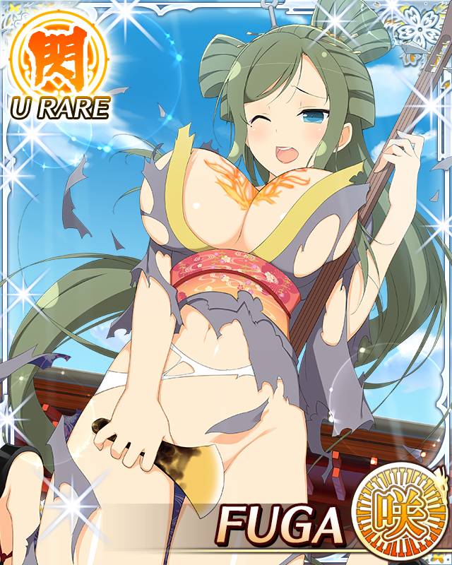 fuga (senran kagura), senran kagura, senran kagura new wave, game cg, official art, :o, blue eyes, border, bouncing breasts, breast tattoo, breasts, card (medium), character name, cleavage, convenient censoring, datehyogo, day, english text, exploding clothes, flame tattoo, flower tattoo, green hair, grey kimono, hair ornament, holding, holding instrument, holding plectrum, instrument, japanese clothes, jewelry, kanzashi, kimono, large breasts, leg up, lipstick, long hair, looking down, makeup, mole, mole under eye, navel, necklace, official alternate costume, one eye closed, plectrum, shamisen, sidelocks, sky, surprised, swept bangs, tattoo, torn clothes, torn kimono, yellow trim
