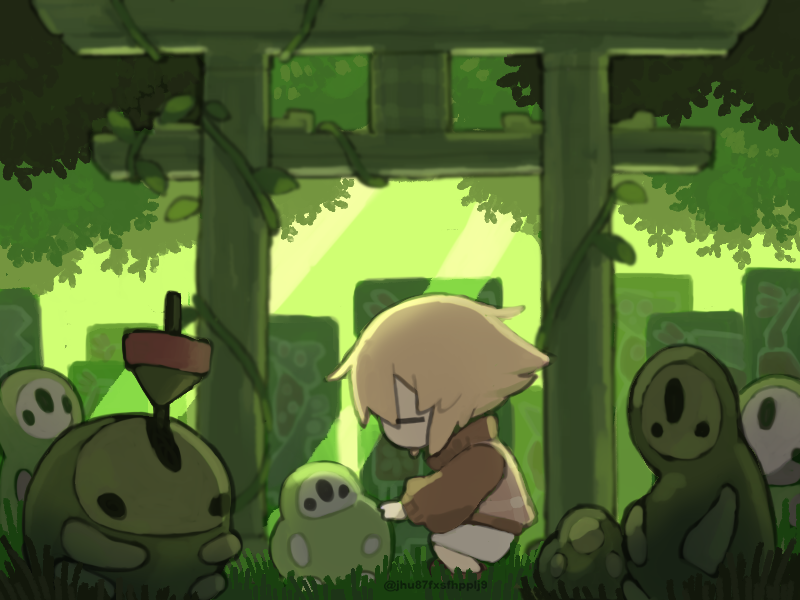 regurusu (nagarevosi), urotsuki, yume 2kki, bilingual commentary, mixed-language commentary, 1girl, blonde hair, brown sweater, chibi, closed eyes, creature, day, from side, grass, green theme, grey skirt, light rays, long sleeves, no mouth, outdoors, plant, puffy long sleeves, puffy sleeves, short hair, skirt, solo, squatting, sweater, torii, tree, twitter username, vines, watermark