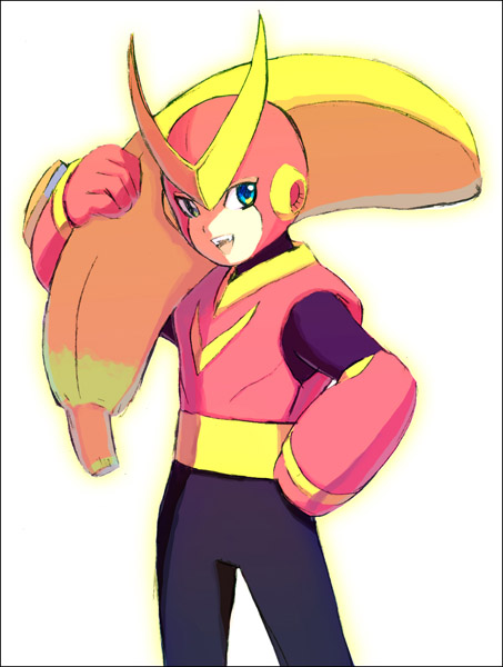 jiayu long, quick man, capcom, mega man (classic), mega man (series), mega man 2, 1boy, banana, blue eyes, fang, food, fruit, male focus, robot, smile, solo