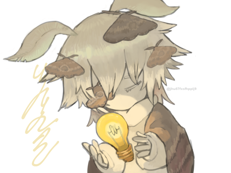 regurusu (nagarevosi), minnatsuki, collective unconscious, commentary, 1other, antennae, arthropod girl, bug, closed eyes, colored skin, deformed, floating, floating object, hands up, insect, insect girl, insect wings, light bulb, long sleeves, medium hair, moth, moth antennae, moth girl, moth on face, moth on head, moth wings, no mouth, puffy long sleeves, puffy sleeves, simple background, solo, sweater, twitter username, upper body, white background, white hair, white skin, white sweater, wings, wolf cut