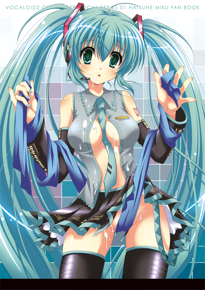 suzui narumi, hatsune miku, vocaloid, 1girl, aqua eyes, aqua hair, between breasts, blush, breasts, cleavage, cowboy shot, cum, cum on body, detached sleeves, female focus, headphones, headset, long hair, necktie, no bra, no panties, open clothes, open shirt, scarf, shirt, solo, thighhighs, twintails, very long hair, zettai ryouiki
