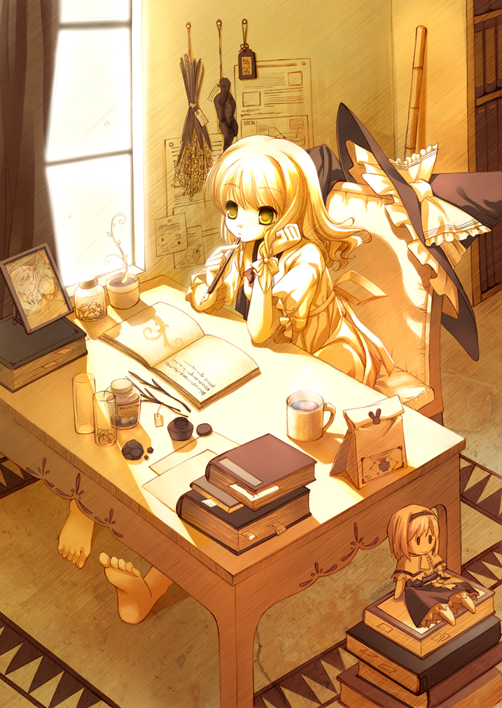 takatsukasa yue, alice margatroid, hakurei reimu, kirisame marisa, touhou, 1girl, artistic error, bag, barefoot, blonde hair, book, character doll, coffee, doll, feet, female focus, hair ribbon, hat, indoors, pajamas, paper bag, ribbon, sitting, soles, solo, unworn hat, unworn headwear, witch, witch hat, writing, yellow eyes, yellow theme