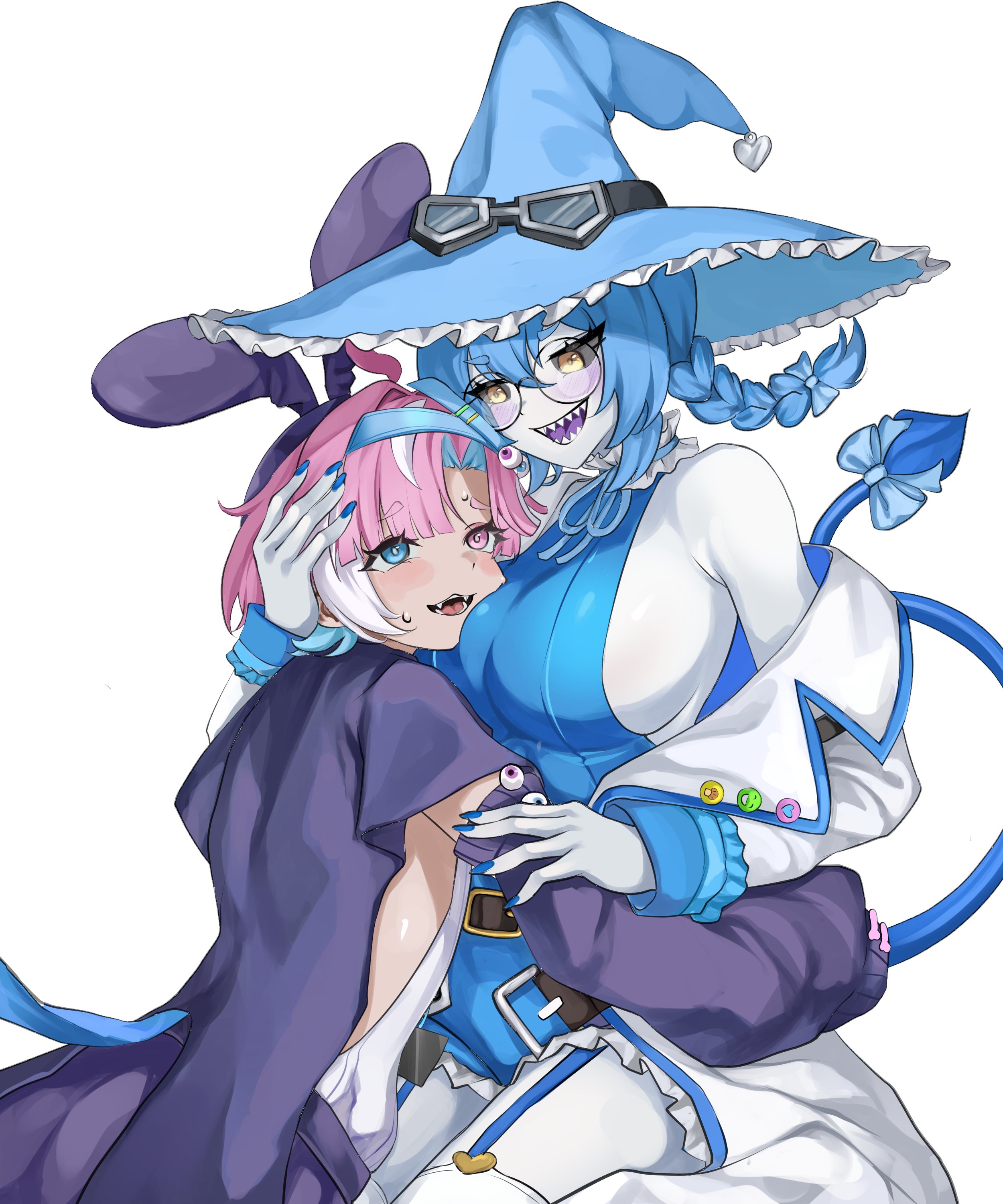 bondpaint, necronival, yomi quinnley, indie virtual youtuber, absurdres, commentary, english commentary, highres, second-party source, 1boy, 1girl, black sclera, blue eyes, blue hair, breasts, colored sclera, hat, heterochromia, hug, nail polish, open mouth, pink eyes, sharp teeth, short hair, smile, tail, teeth, twintails, virtual youtuber, white background, witch hat, yellow eyes
