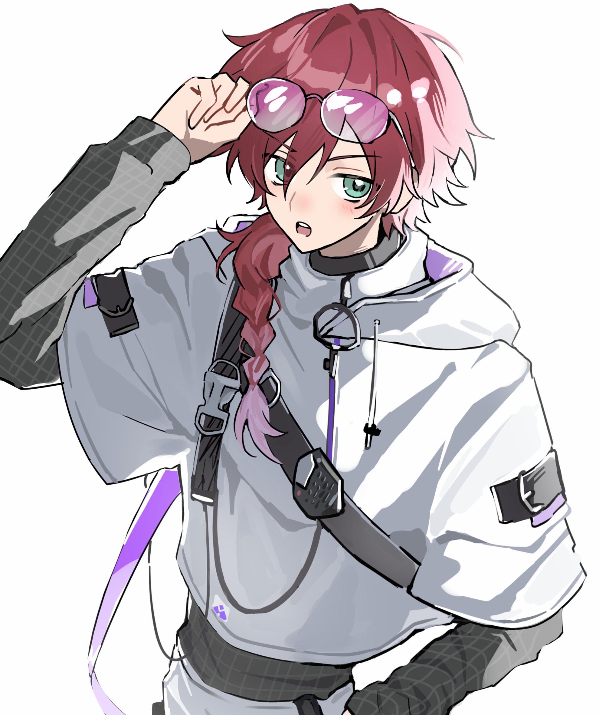 lauren iroas, lauren iroas (6th costume), nijisanji, original, commentary, highres, symbol-only commentary, 1boy, adjusting eyewear, arm up, black shirt, braid, cowboy shot, eyewear on head, green eyes, hair between eyes, hand in pocket, hood, hooded jacket, jacket, long hair, long sleeves, looking at viewer, male focus, open mouth, red hair, shirt, simple background, solo, teeth, toya07144, upper teeth only, virtual youtuber, white background, white jacket