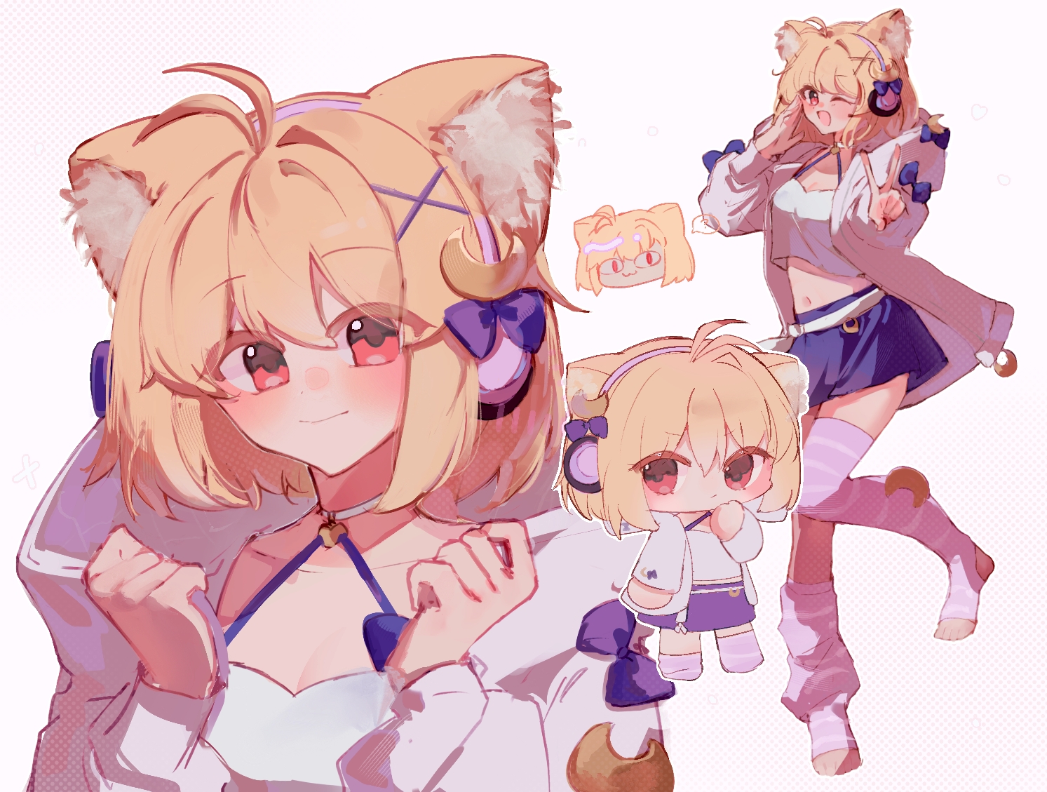 kamu 017, arcueid brunestud, phantas-moon, phantas-moon (second ascension), fate/grand order, fate (series), commentary request, 1girl, :d, ahoge, animal ear fluff, animal ears, blonde hair, blue bow, blue skirt, blush, bow, breasts, cat ears, cat girl, chibi, chibi inset, choker, cleavage, crescent, crescent hair ornament, crescent pin, crop top, hair intakes, hair ornament, headphones, hood, hoodie, looking at viewer, midriff, miniskirt, one eye closed, open clothes, open hoodie, open mouth, pink hoodie, pink thighhighs, red eyes, short hair, skirt, smile, thighhighs, v, white background