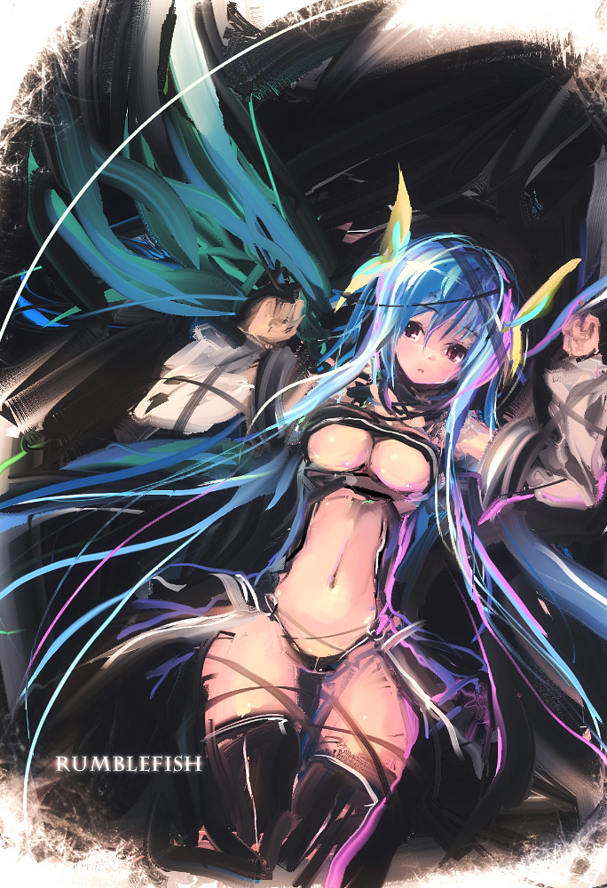 refeia, dizzy (guilty gear), arc system works, guilty gear, asymmetrical wings, blue hair, breasts, large breasts, long hair, red eyes, sketch, tail, thighhighs, wings