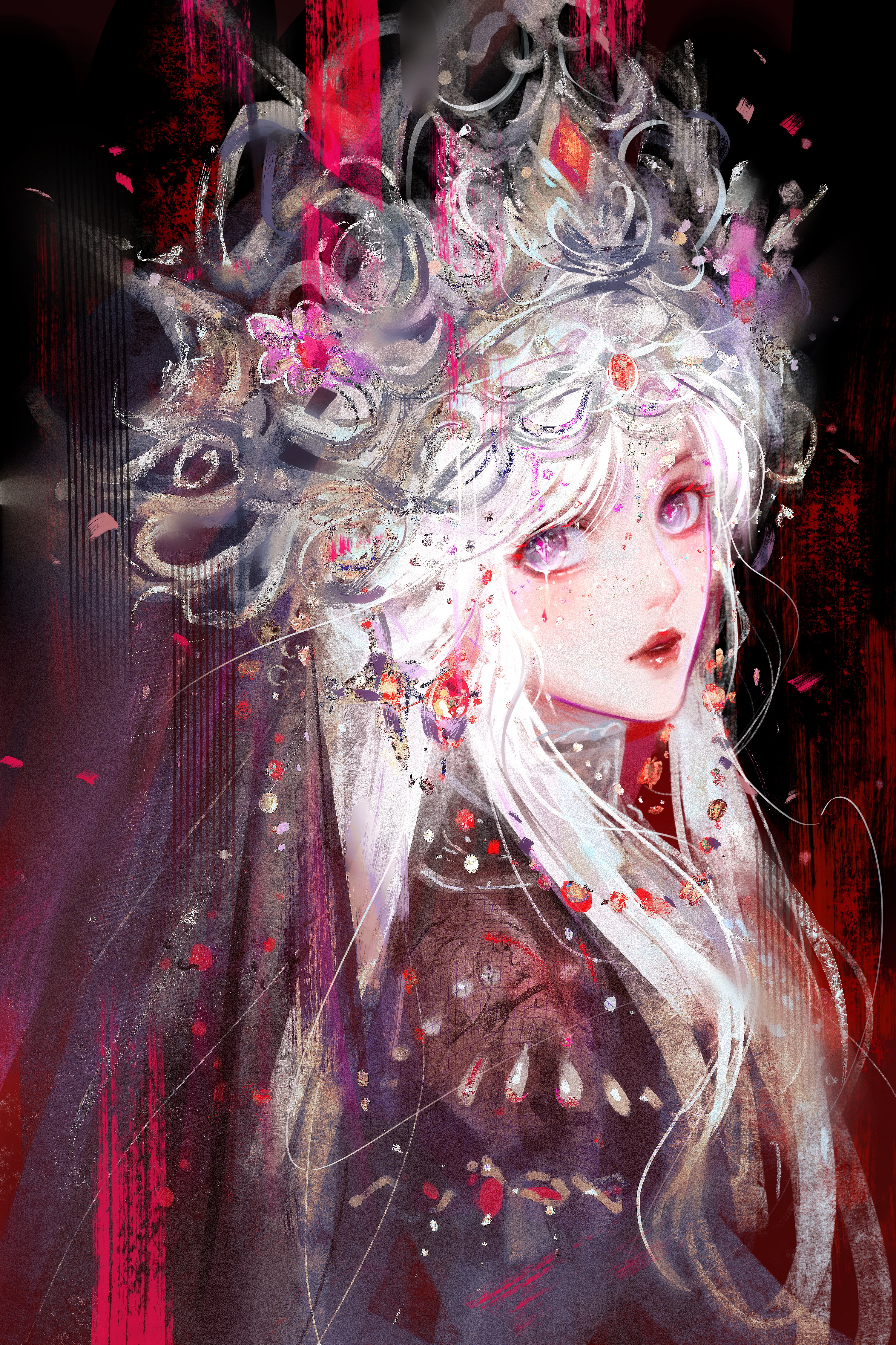 infinity nikki, nikki (series), absurdres, chinese commentary, commentary request, highres, procreate (medium), 1girl, beads, behind prayers (infinity nikki), black background, black capelet, black dress, black veil, bow, bright pupils, capelet, choker, circlet, cross-shaped pupils, crown, dress, earrings, expressionless, eyelashes, eyeshadow, gem, gold choker, grey eyes, jewelry, lace-trimmed choker, lace trim, light particles, lipstick, long hair, long sidelocks, makeup, official alternate color, parted lips, petals, red bow, red eyeshadow, red gemstone, red lips, red pupils, rose petals, sidelocks, solo, symbol-shaped pupils, two-tone background, upper body, veil, wavy hair, white bairen, white hair