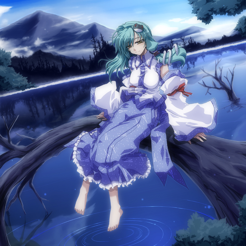 takana shinno, kochiya sanae, touhou, 1girl, barefoot, detached sleeves, dutch angle, feet, female focus, frog, green hair, hair ornament, in tree, mountain, nature, ripples, scenery, short hair, sitting, sitting in tree, smile, snake, soaking feet, solo, tree, water, yellow eyes