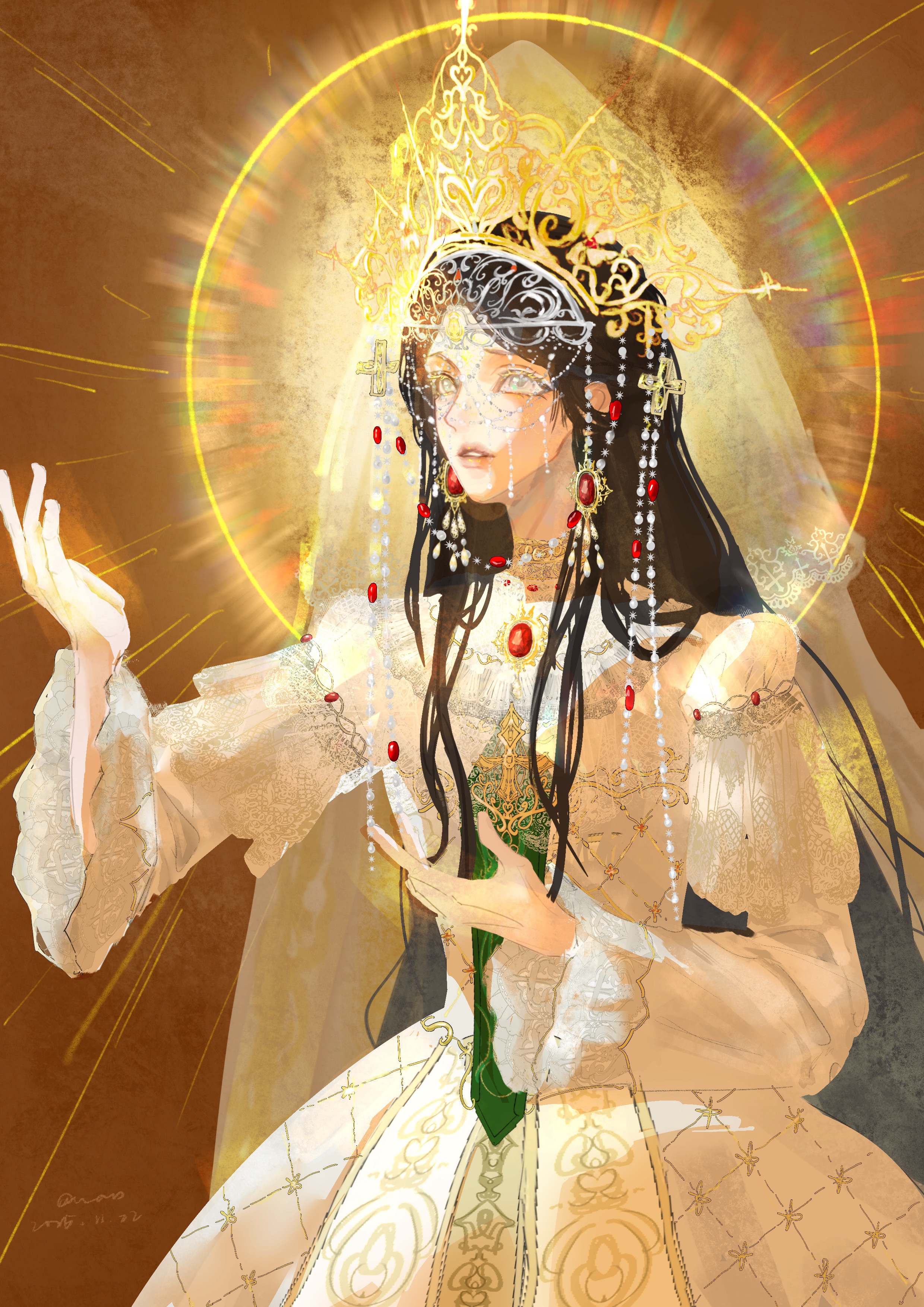 infinity nikki, nikki (series), absurdres, chinese commentary, commentary request, highres, 1girl, argyle clothes, argyle dress, beads, behind prayers (infinity nikki), chest jewel, choker, circlet, cowboy shot, cross, cross print, crown, dress, earrings, eyelashes, gem, glowing, gold choker, gold crown, gold earrings, gown, green necktie, halo, halo behind head, hand on own chest, jewelry, lace-trimmed sleeves, lace trim, layered sleeves, long dress, long sleeves, looking ahead, miaomiaohetadelanlusexinghai, necktie, orange background, outstretched hand, parted lips, pleated skirt, print necktie, puffy short sleeves, puffy sleeves, red gemstone, see-through clothes, see-through veil, short over long sleeves, short sleeves, simple background, skirt, solo, spiked halo, thick lips, veil, white dress, white veil, yellow eyes, yellow gemstone, yellow halo