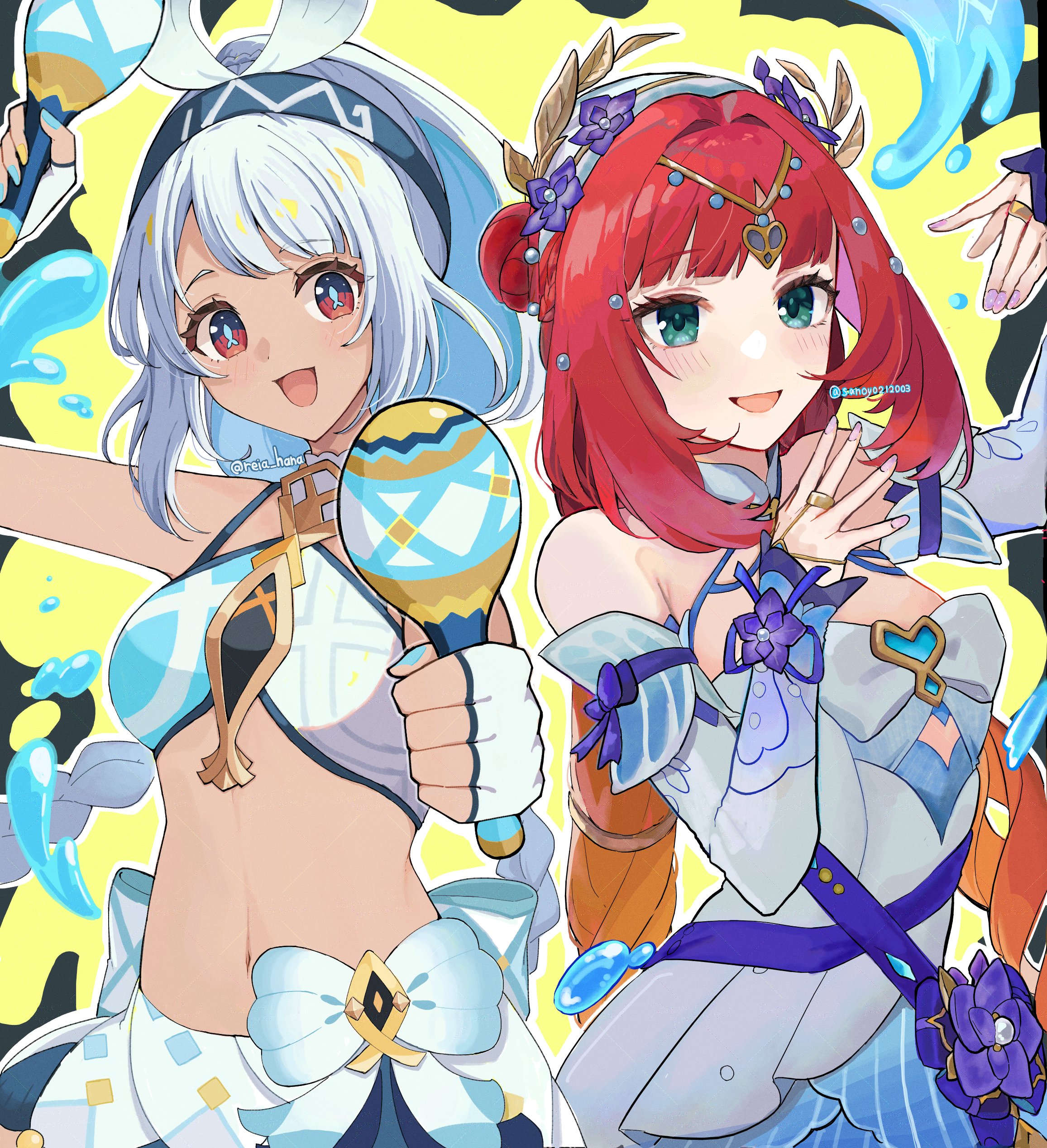 reia hana, mualani (genshin impact), nilou (breeze of sabaa) (genshin impact), nilou (genshin impact), genshin impact, absurdres, commentary request, highres, 2girls, :d, bare shoulders, blue eyes, blue hairband, breasts, dark-skinned female, dark skin, detached sleeves, dress, fingerless gloves, gloves, grey hair, hairband, halter dress, halterneck, holding, holding instrument, holding maracas, instrument, long hair, long sleeves, looking at viewer, maracas, multiple girls, navel, official alternate costume, open mouth, red eyes, red hair, small breasts, smile, stomach, white gloves