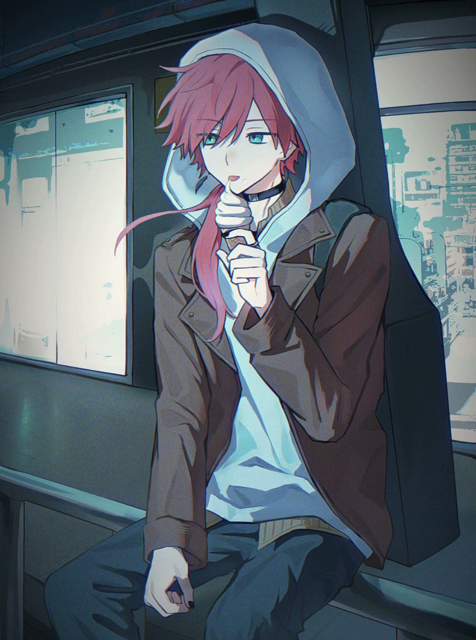 lauren iroas, nijisanji, commentary, highres, symbol-only commentary, 1boy, alternate costume, black choker, black nails, brown jacket, choker, food, green eyes, hair between eyes, holding, holding food, holding ice cream, holding ice cream cone, hood, hood up, hoodie, ice cream, ice cream cone, instrument case, instrument case on back, jacket, long hair, long sleeves, looking ahead, male focus, on railing, ponytail, railing, red hair, side ponytail, sitting, solo, storefront, tongue, tongue out, toya07144, virtual youtuber, white hoodie