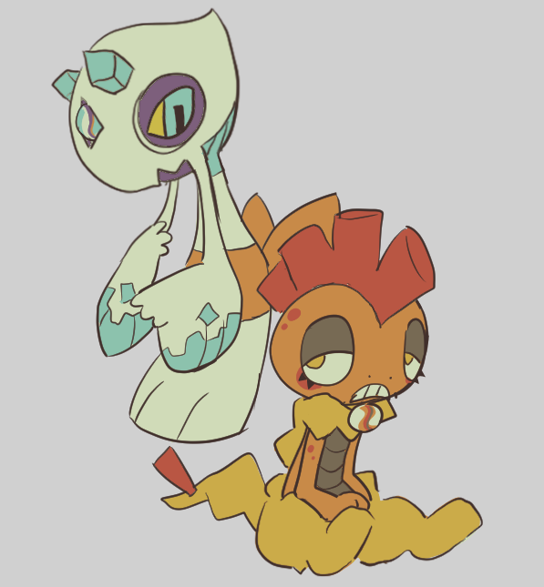 shiirafish, froslass, scrafty, nintendo, pokemon, 1other, blue eyes, colored sclera, colored skin, eye contact, flat color, floating, full body, gen 4 pokemon, gen 5 pokemon, grey background, grey skin, half-closed eyes, looking at another, looking back, mega stone, multicolored skin, orange skin, pokemon (creature), profile, simple background, sitting, teeth, two-tone skin, yellow eyes, yellow sclera