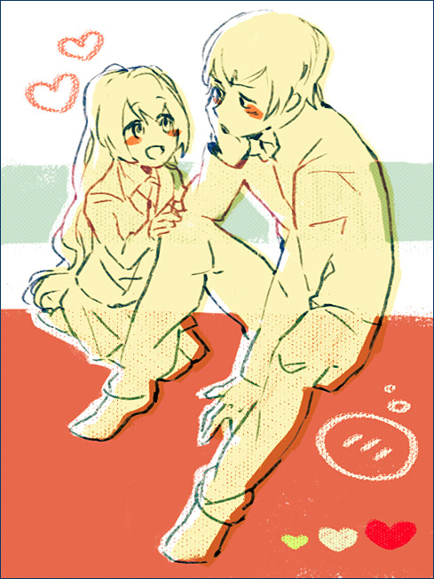 chiko (beroro), aisaka taiga, takasu ryuuji, toradora!, 00s, 1boy, 1girl, blush, blush stickers, heart, long hair, monochrome, sketch, spoken blush