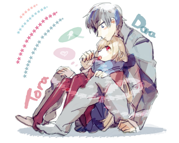 chiko (beroro), aisaka taiga, takasu ryuuji, toradora!, 00s, 1boy, 1girl, candy, food, lollipop, long hair, pantyhose, scarf