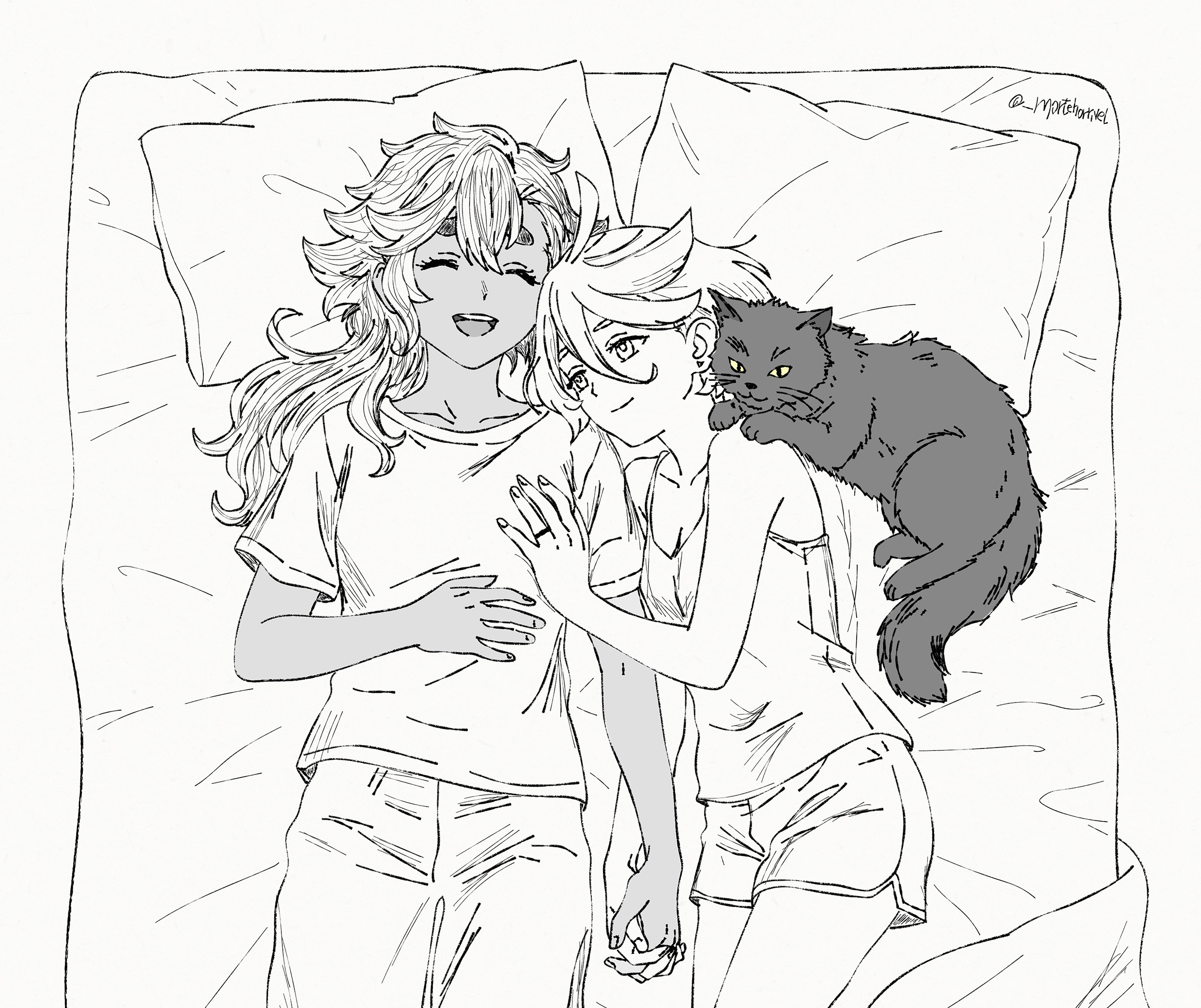 miorine rembran, suletta mercury, gundam, gundam suisei no majo, commentary, english commentary, highres, 2girls, camisole, cat, closed eyes, closed mouth, fanfiction available, from above, greyscale, hand on another's chest, hanna nagata, holding hands, interlocked fingers, jewelry, long hair, monochrome, multiple girls, on bed, open mouth, pants, pillow, ring, shorts, smile, spot color, thick eyebrows, twitter username, wedding ring, wife and wife, yuri