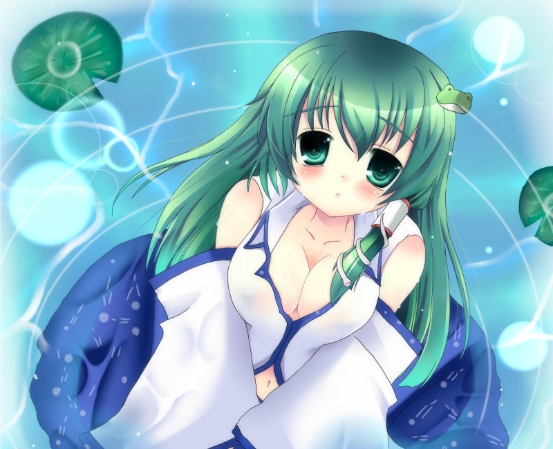 natsumikan, kochiya sanae, touhou, 1girl, blush, breasts, cleavage, detached sleeves, female focus, from above, green eyes, green hair, large breasts, lily pad, long hair, looking up, matching hair/eyes, navel, no bra, solo, v arms, wet