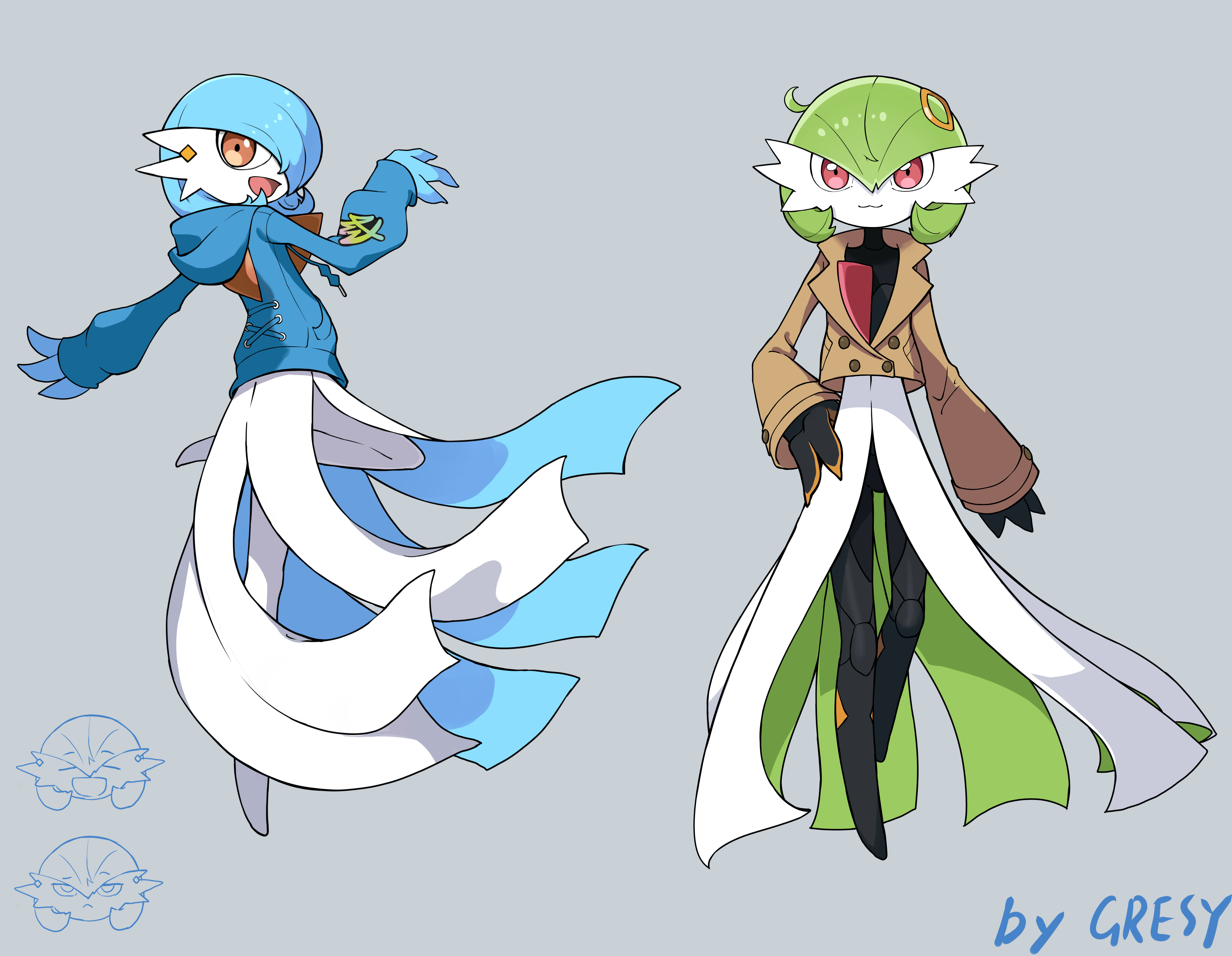gresy, emma (pokemon), gardevoir, lida (pokemon), nintendo, pokemon, pokemon legends: z-a, 2girls, :3, arm at side, artist name, black bodysuit, blue hair, blue jacket, blue skin, bob cut, bodysuit, bodysuit under clothes, brown jacket, buttons, closed mouth, clothed pokemon, colored skin, cosplay, double-breasted, drawstring, earrings, emma (pokemon) (cosplay), female focus, flat chest, from side, full body, gen 3 pokemon, green hair, green skin, grey background, hair between eyes, hair over one eye, hand on own hip, hand up, happy, hood, hood down, hooded jacket, jacket, jewelry, leg up, lida (pokemon) (cosplay), looking at viewer, multicolored skin, multiple girls, no feet, one eye covered, open mouth, orange eyes, outstretched arm, pocket, pokemon (creature), red eyes, shiny and normal, shiny pokemon, short hair, signature, simple background, smile, standing, standing on one leg, stud earrings, two-tone skin, white skin