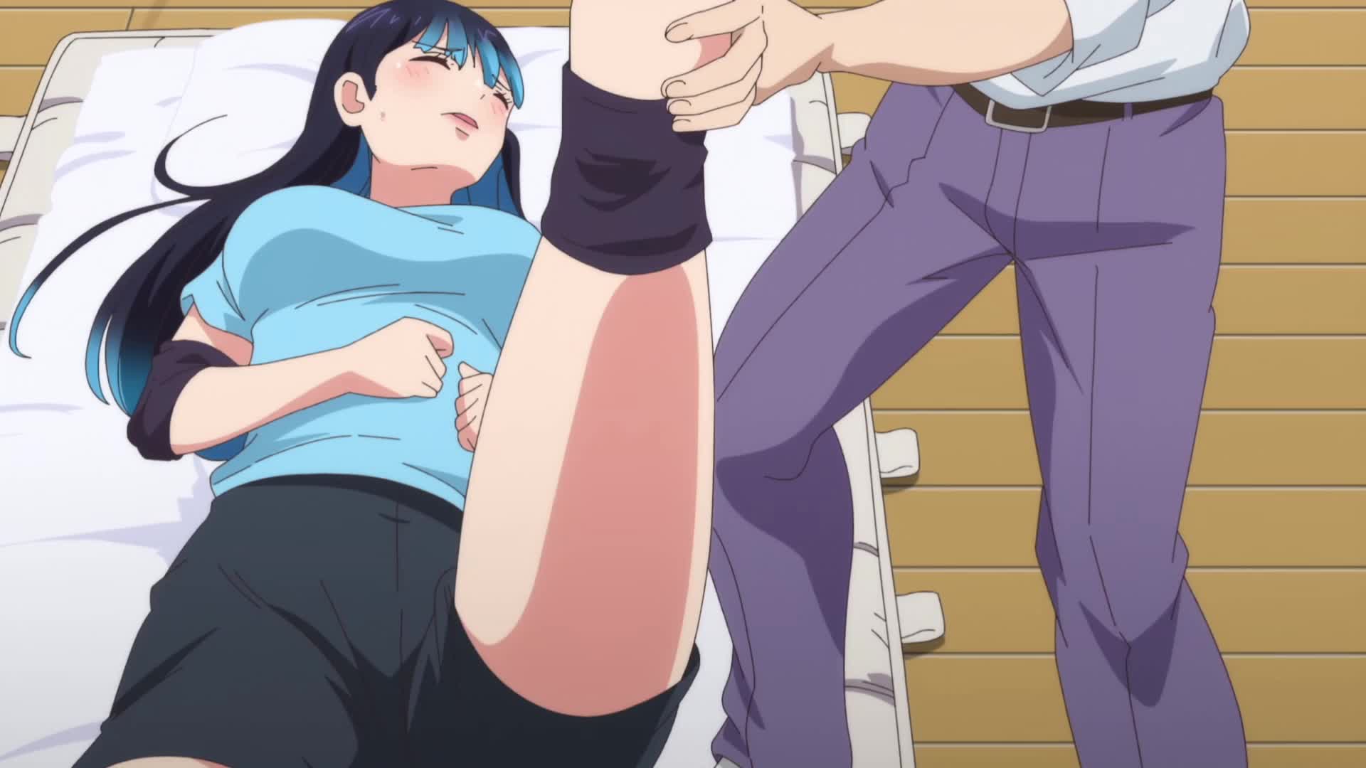 kotesashi kouyou, sawaranaide kotesashi-kun, animated, anime screenshot, highres, sound, tagme, video, 1boy, 3girls, aoyama kyouko, ass, belt, black hair, black shorts, blonde hair, blue eyes, blue hair, blue shirt, blush, breasts, closed eyes, colored inner hair, completely nude, dark-skinned female, dark skin, female orgasm, gradient hair, large breasts, lips, long hair, lying, massage, multicolored hair, multiple girls, navel, nipples, nude, on back, on stomach, orgasm, pants, red hair, shirt, short hair, shorts, sonoda mayumi, sportswear, spread legs, stomach, trembling, two-tone hair, white shirt, wide hips, yamagichi eri