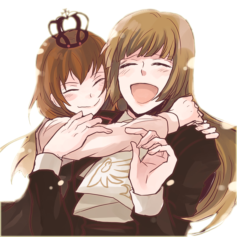sudachips, ushiromiya maria, ushiromiya rosa, umineko no naku koro ni, bad id, bad pixiv id, 00s, 2girls, age difference, ascot, brown hair, closed eyes, crown, hime cut, hug, laughing, long hair, long sleeves, mother and daughter, multiple girls, short hair, smile, ushiromiya maira