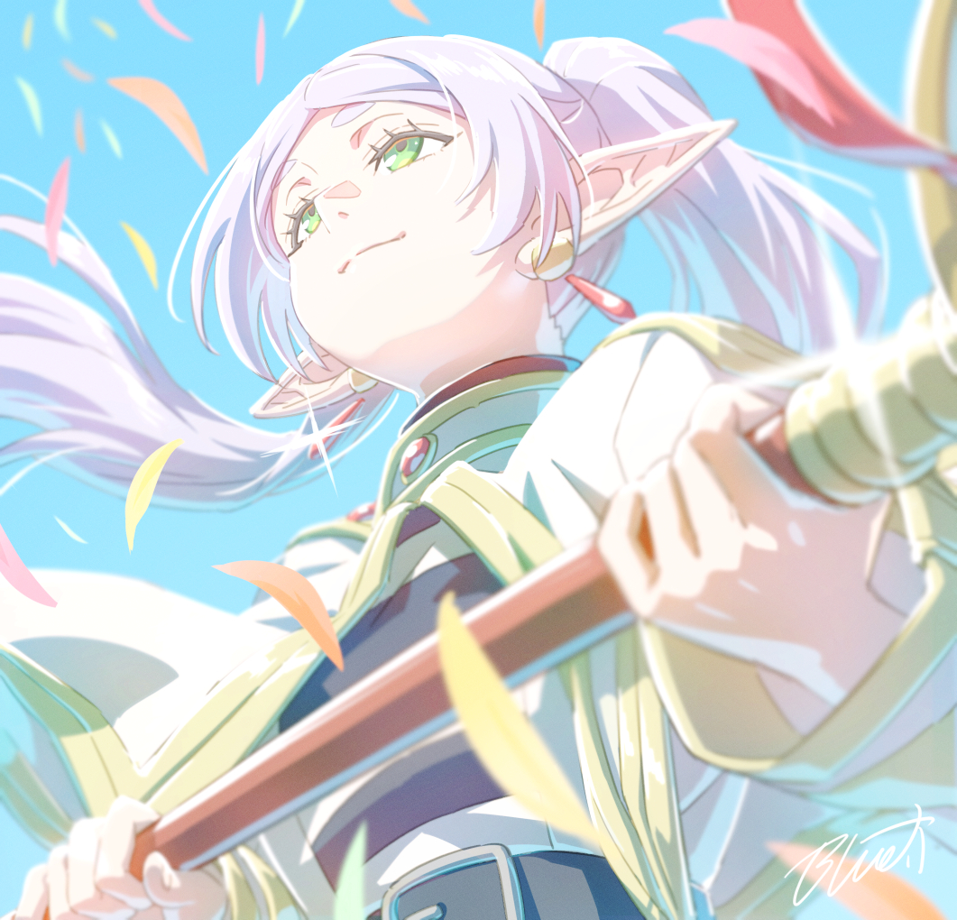buru-dai, frieren, sousou no frieren, commentary request, 1girl, blue sky, capelet, closed mouth, day, earrings, elf, from below, gem, green eyes, holding, holding staff, jewelry, light smile, long hair, long pointy ears, looking at viewer, mage staff, meme, multiple memes, parted bangs, pointy ears, reaching, reaching towards viewer, red gemstone, shirt, sky, solo, staff, twintails, upper body, upward angle frieren drawing (meme), white capelet, white hair, white shirt, woe plague be upon ye (meme)
